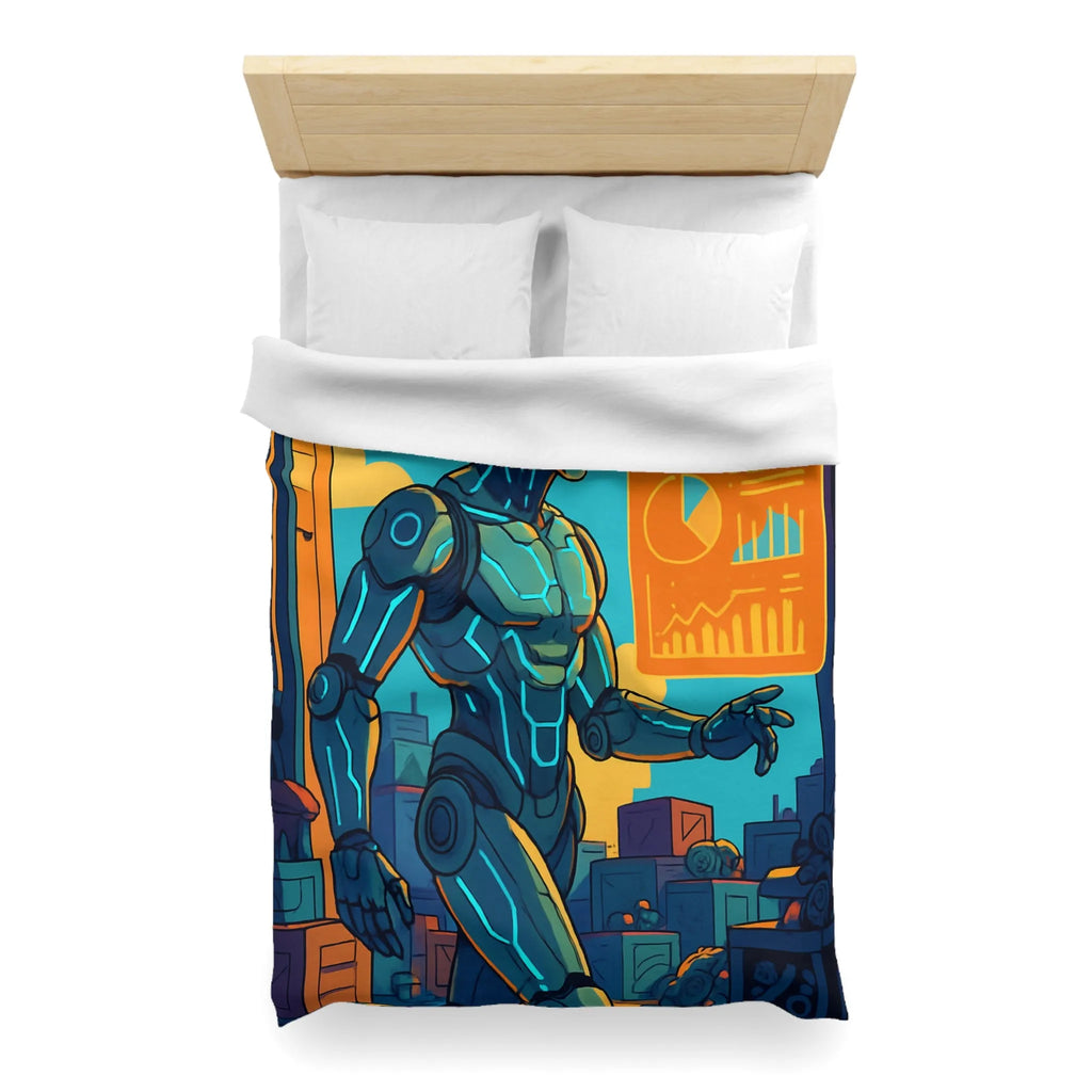 Housse de couette futuriste avec robot et drones, couleurs vives et graphiques modernes