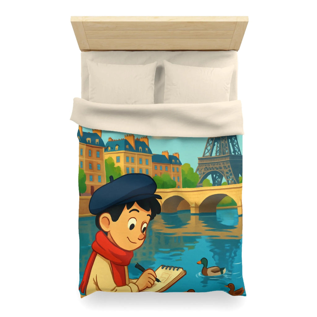 Housse de Couette Artistique Parisienne avec Enfant et Tour Eiffel au Printemps
