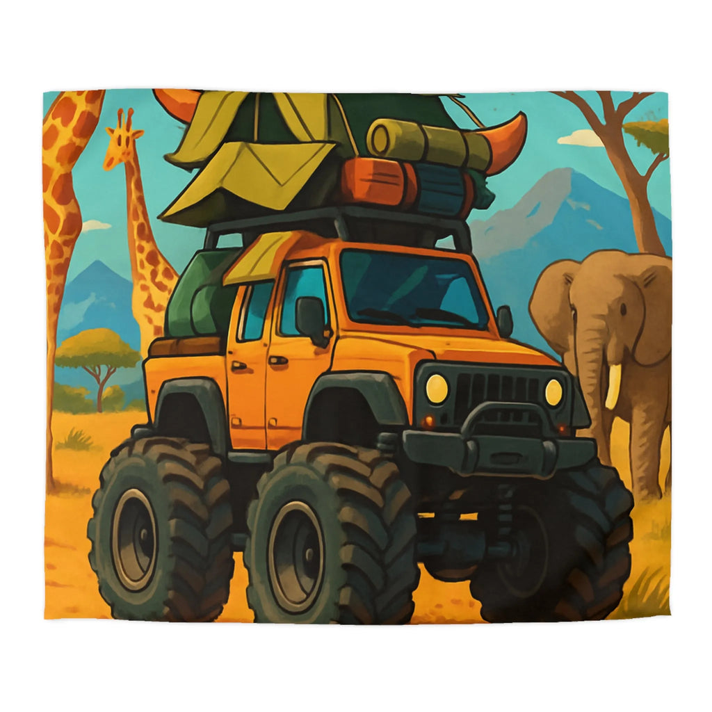 Housse de couette colorée avec véhicule tout-terrain et animaux dans la savane africaine