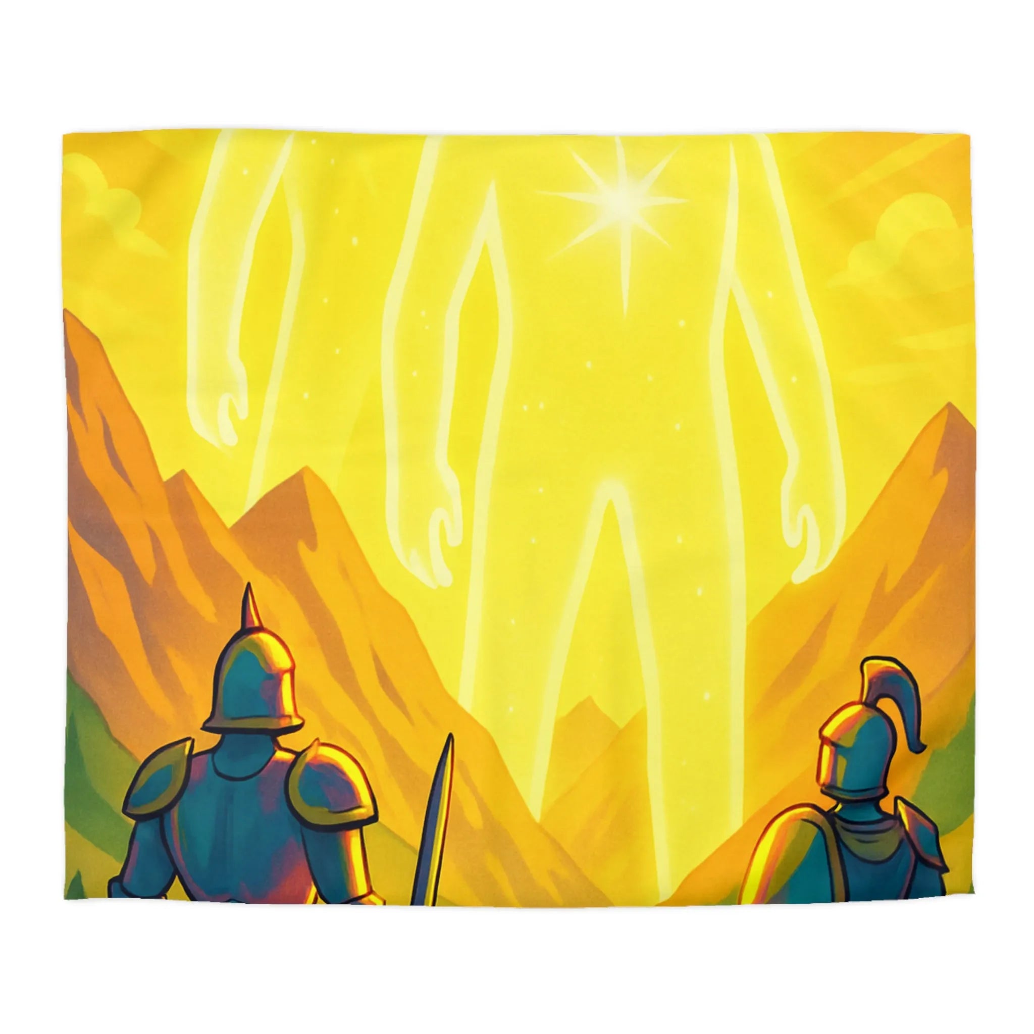 Épopée chevaleresque avec figures lumineuses mystiques dans paysage montagneux époustouflant à l'aube