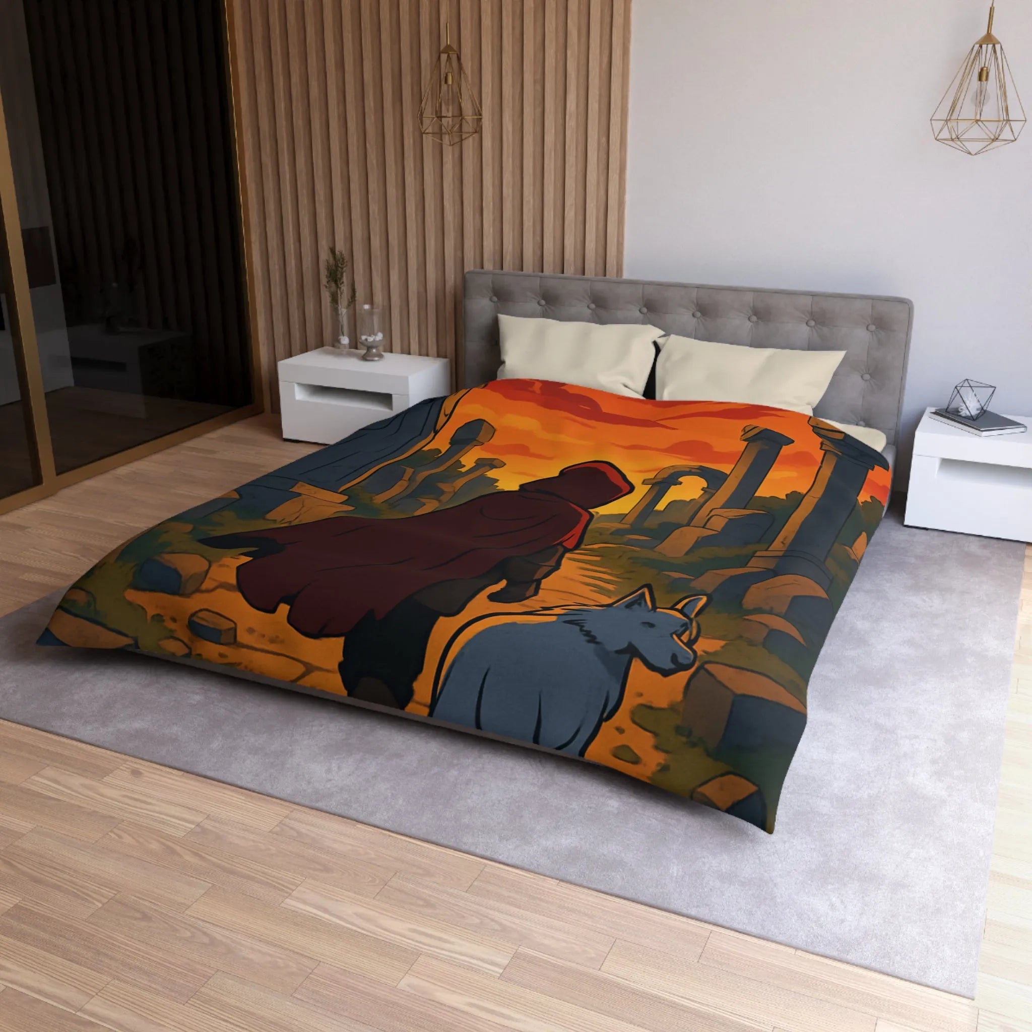 Housse de Couette Enfant Rouge et Blanc, Chemin Énigmatique du Crépuscule, Statue Mystérieuse