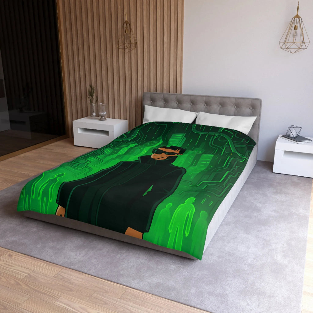 Housse de couette design futuriste vert avec motif personnage et ville numérique
