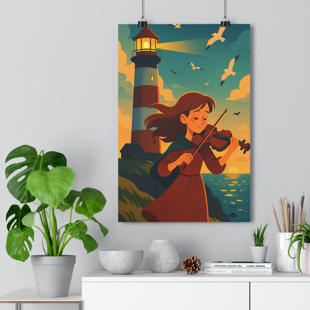 Poster décoratif dessin animé bleu orange serein ambiance marine chambre salon créatif élégant unique