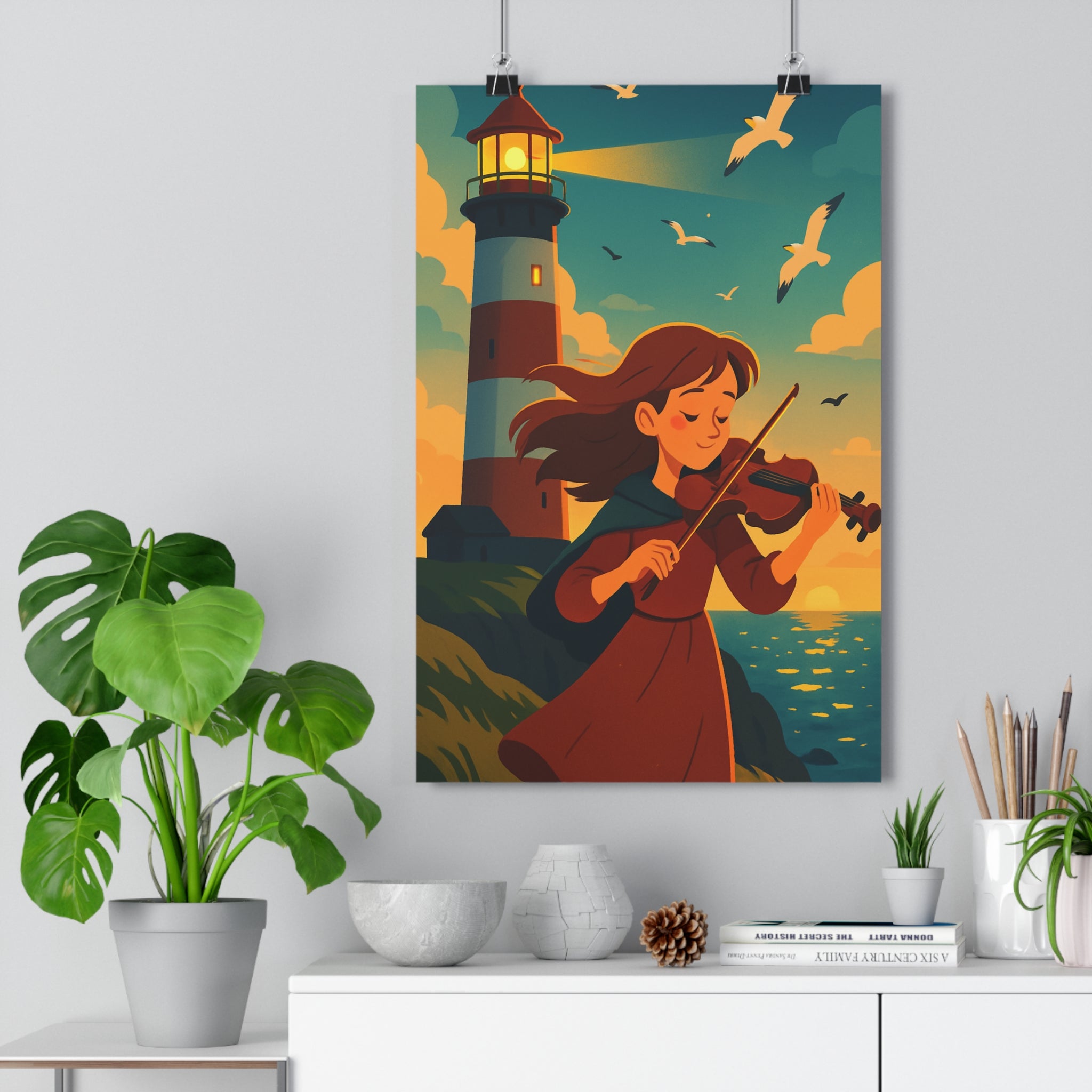 Poster décoratif dessin animé bleu orange serein ambiance marine chambre salon créatif élégant unique