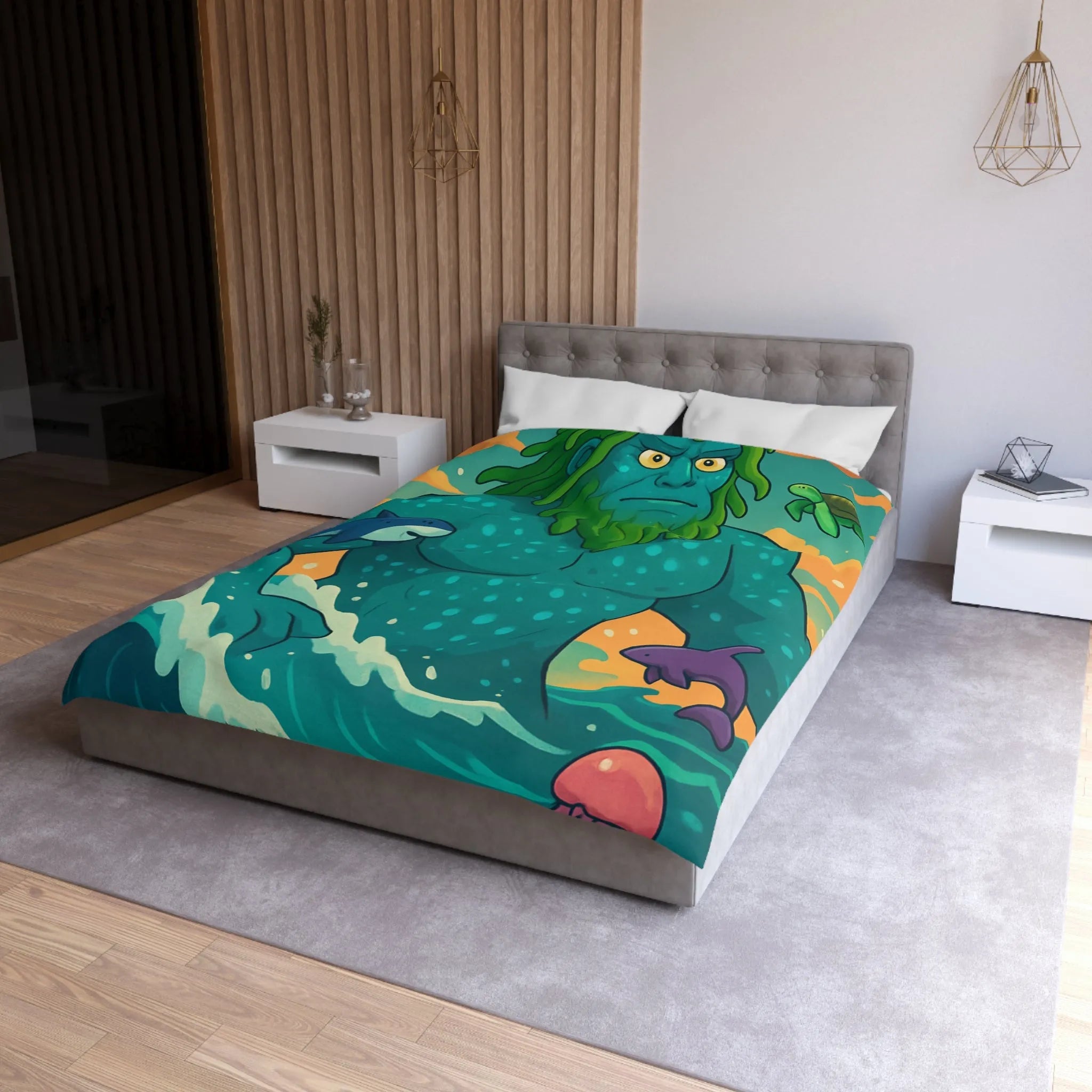 Housse de couette avec géant des mers, faune marine et ciel coloré