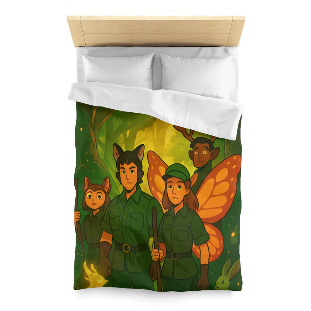 Housse de couette féerique avec gardiens de forêt, animaux magiques, ambiance verte et lumineuse