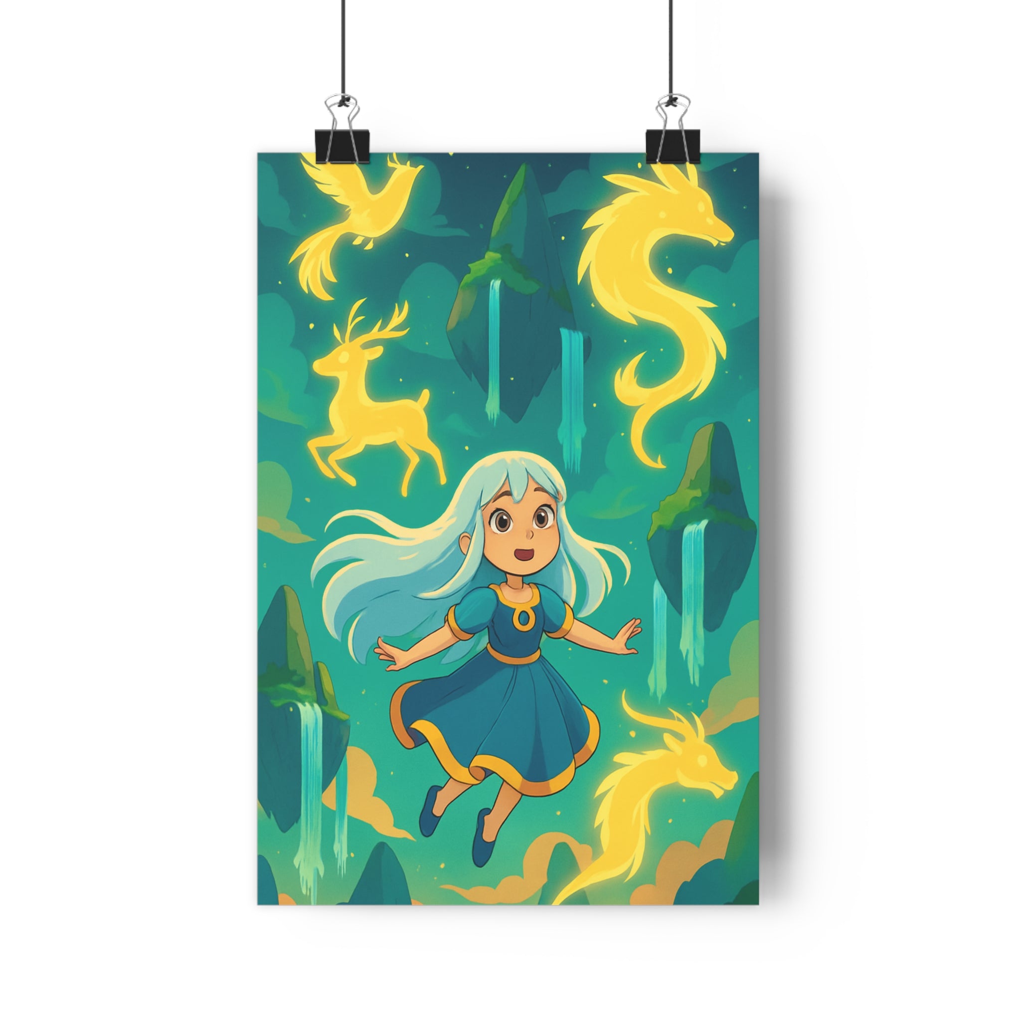 Poster décoratif fantastique bleu jaune cartoon magique chambre enfant créatif mural ambiance éthérée 30x46