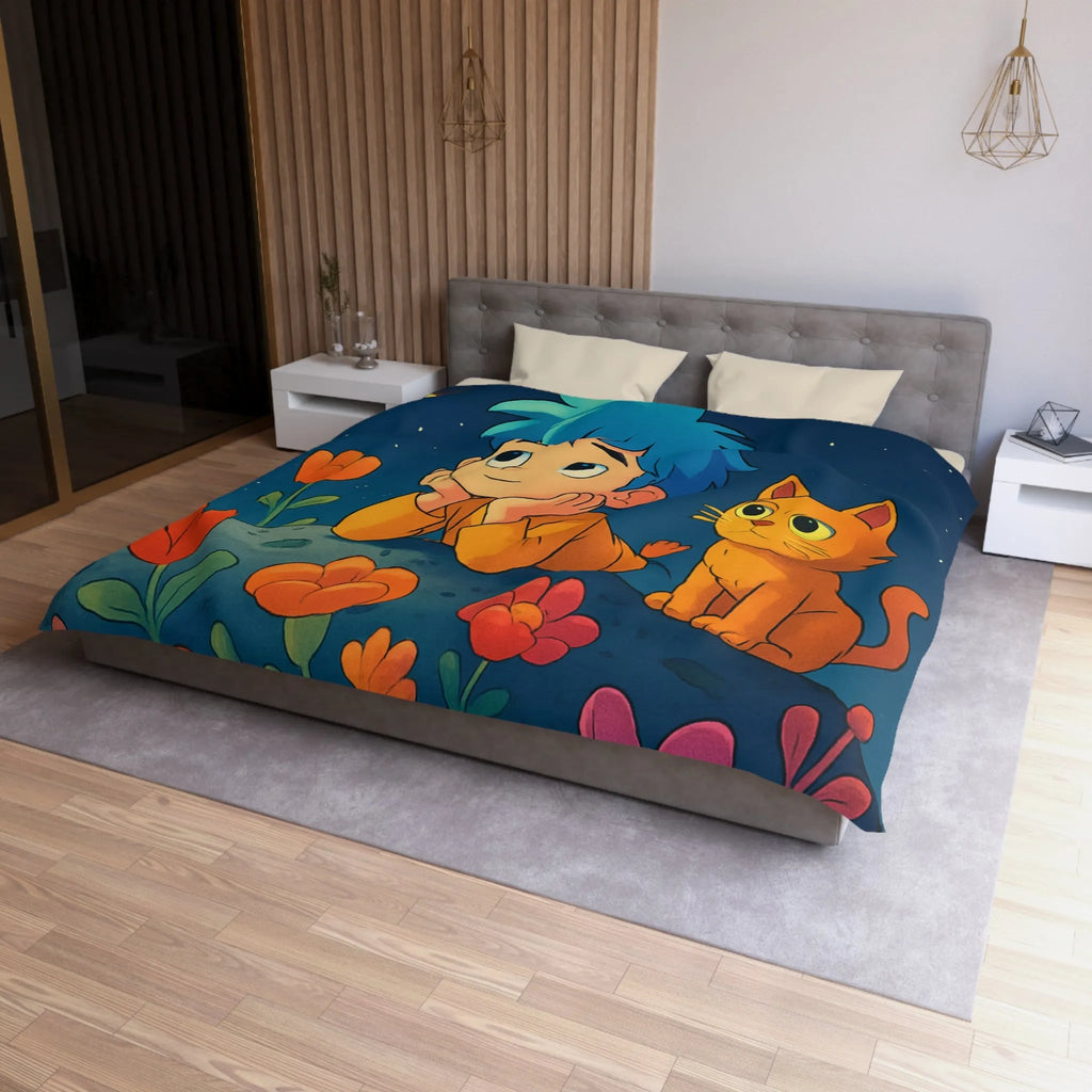 Housse de Couette Enfant Émerveillé Observant Papillons Lumineux sous Ciel Étoilé