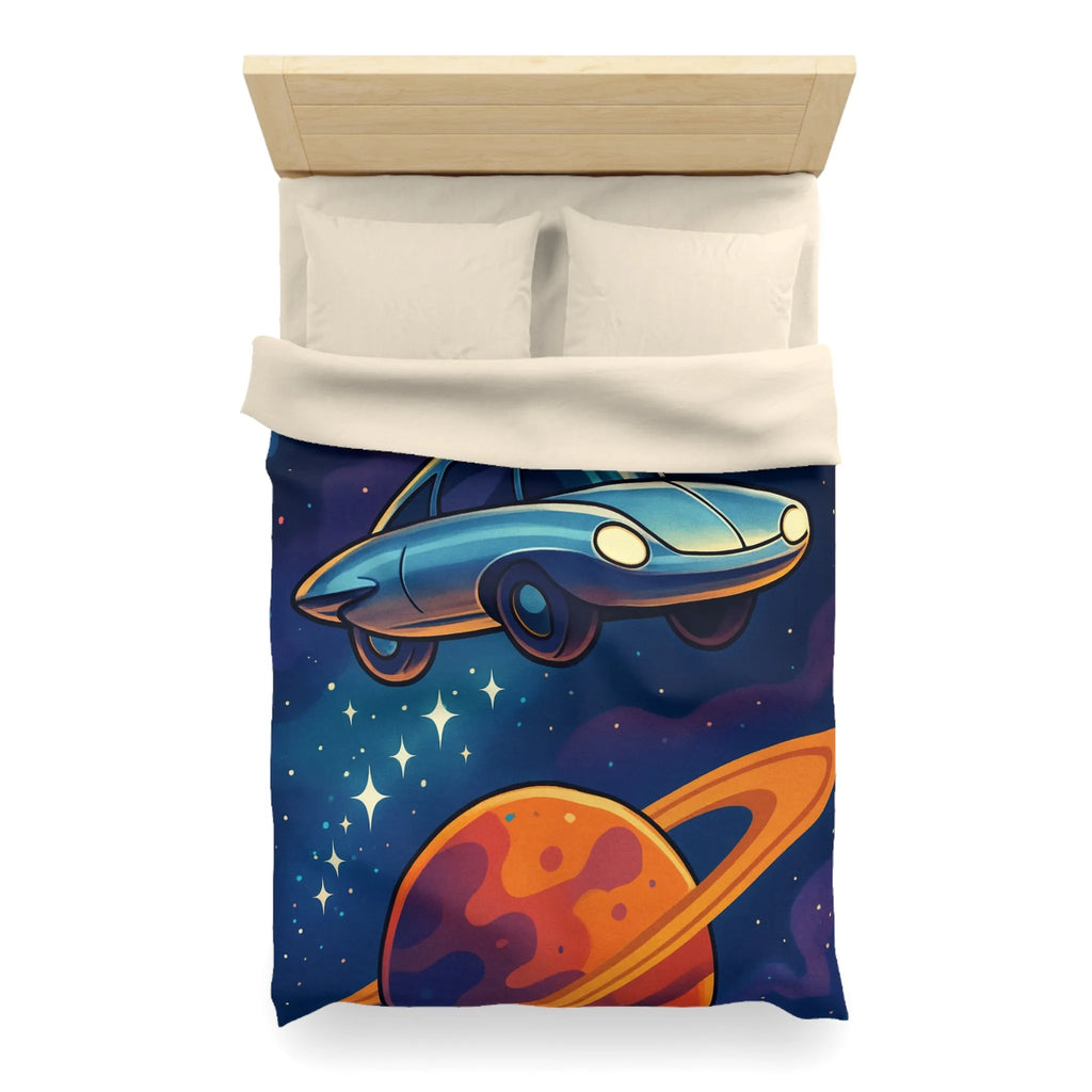 Housse de Couette Artistique Spatiale avec Voiture Volante et Planète Saturne Colorée