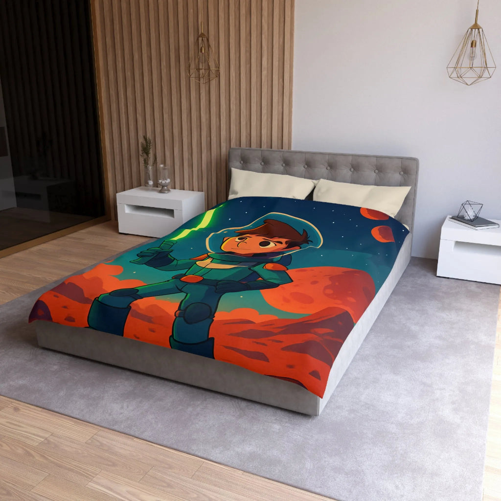 Housse de couette illustrée avec enfant astronaute et épée dans l'espace coloré