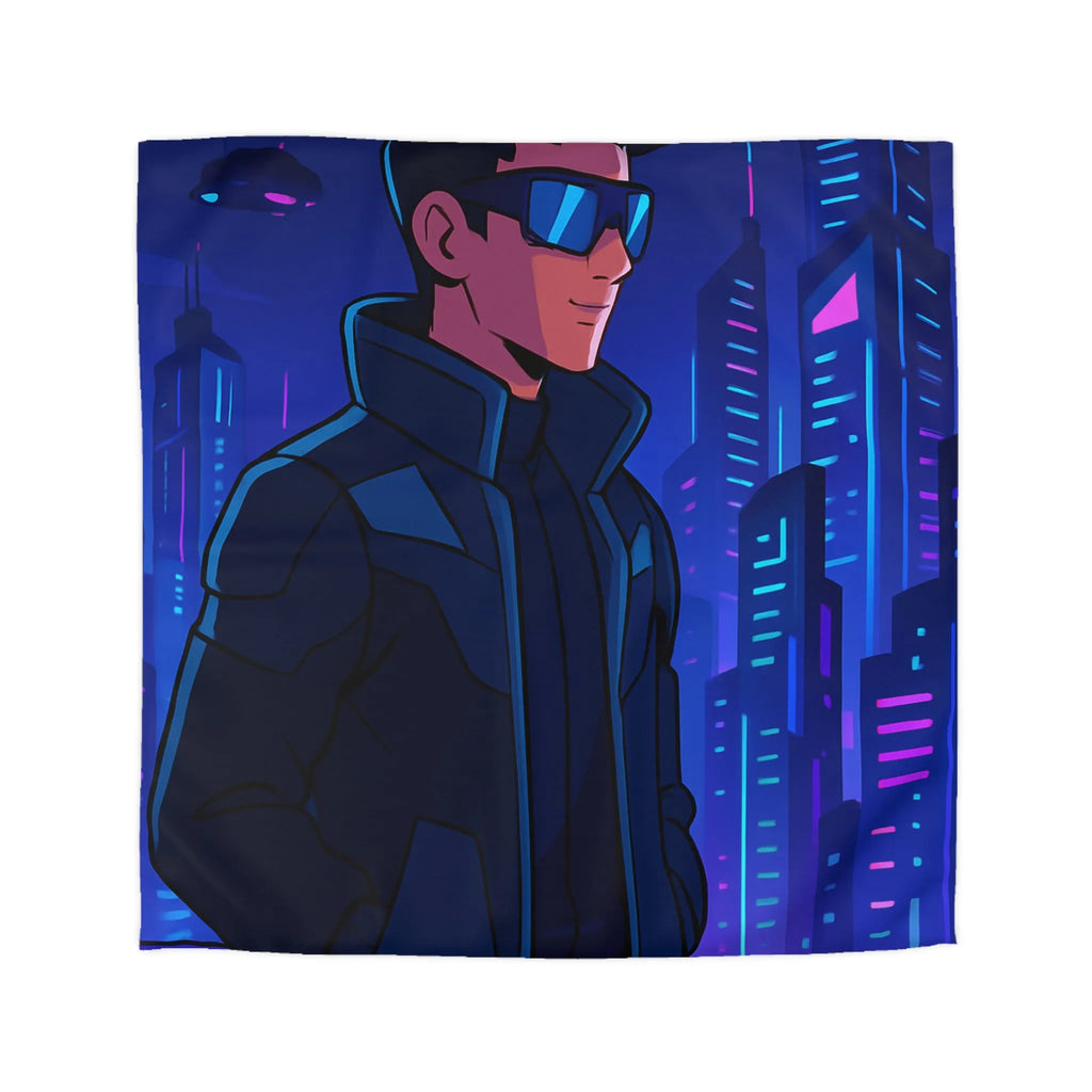 Futuriste Housse de Couette avec Ville Brillante et Homme Élégant en Lunettes