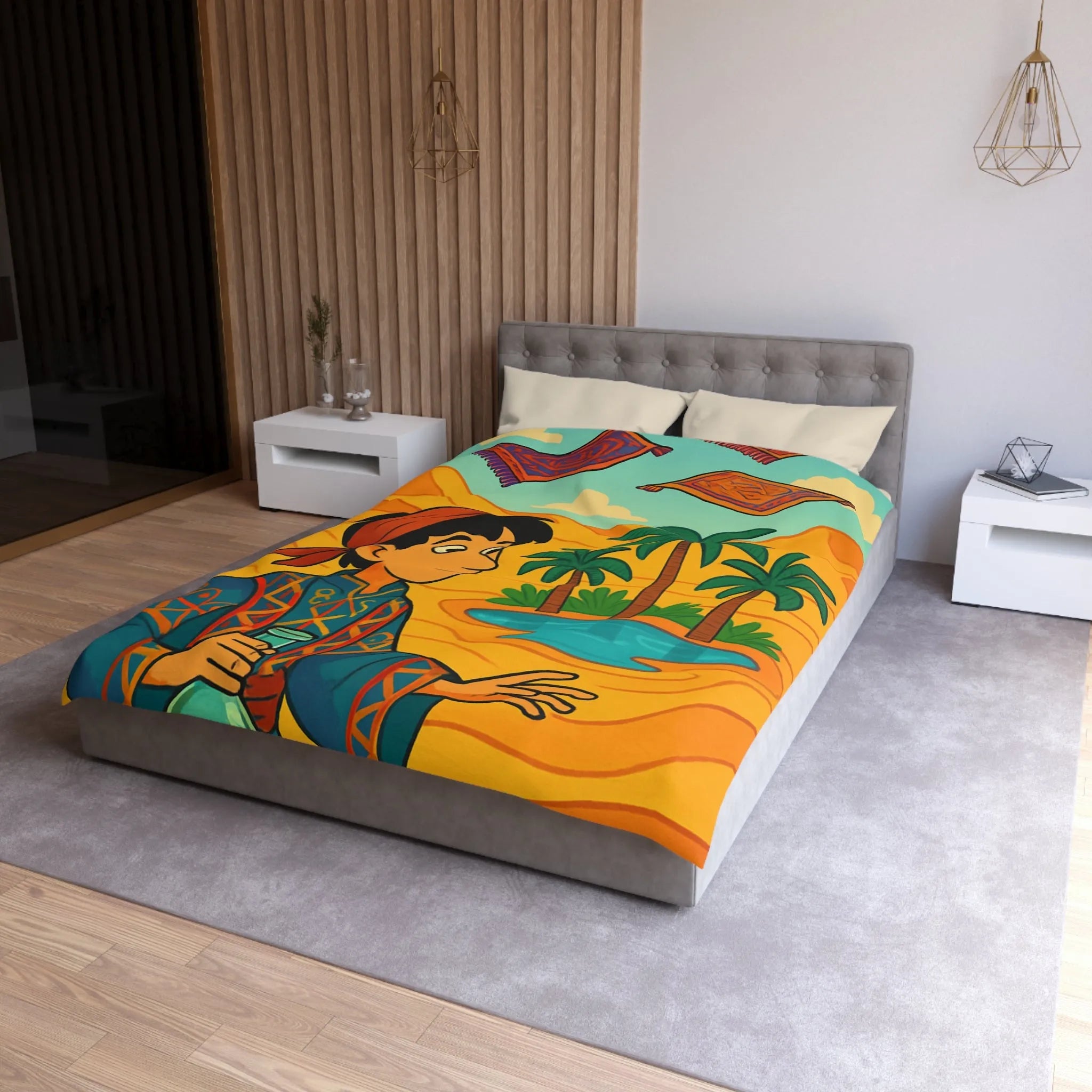 Housse de couette magique avec tapis volants et oasis sous ciel bleu désertique