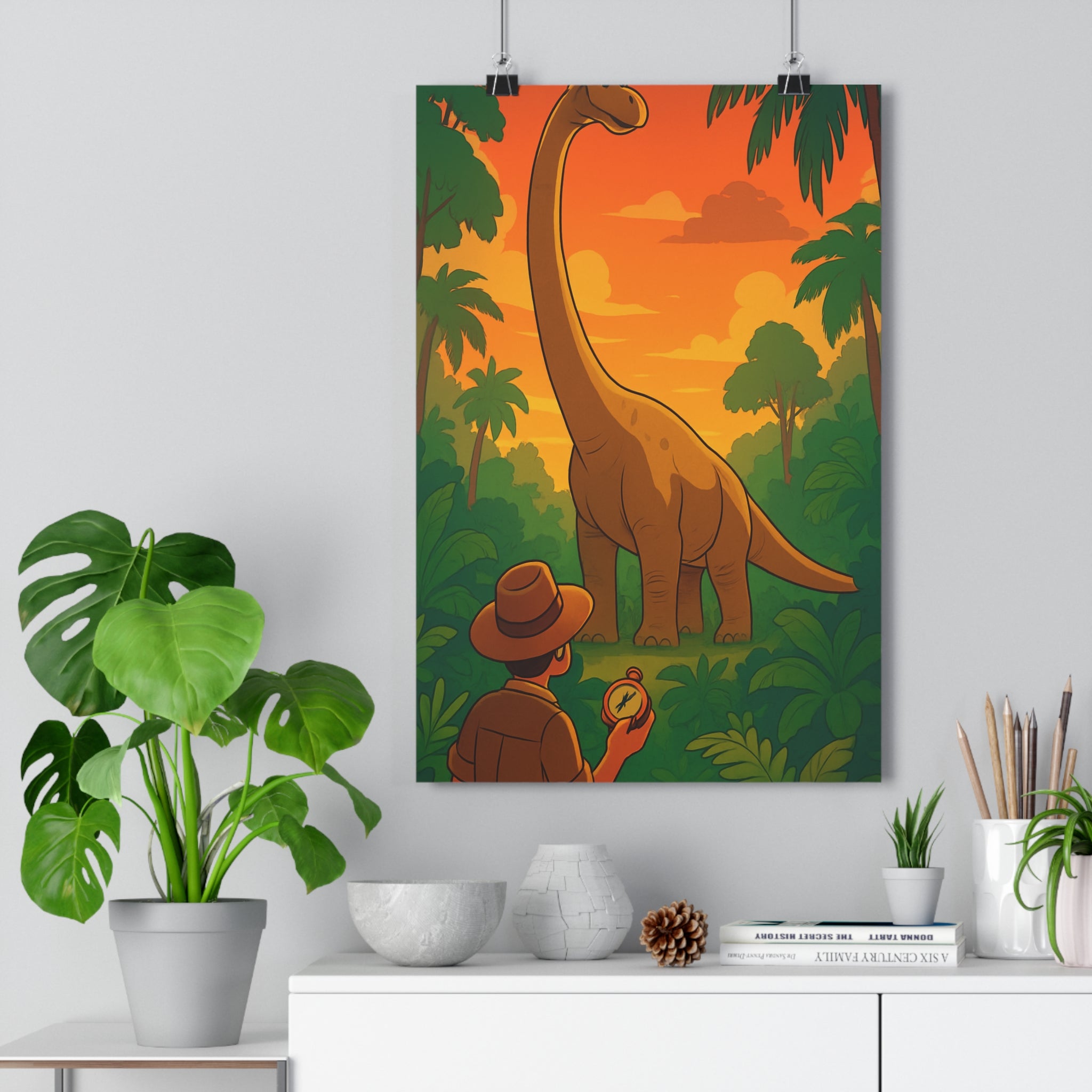Poster décoratif aventure cartoon vibrant coloré joyeux chambre enfant salon nature explorateur dinosaure végétation