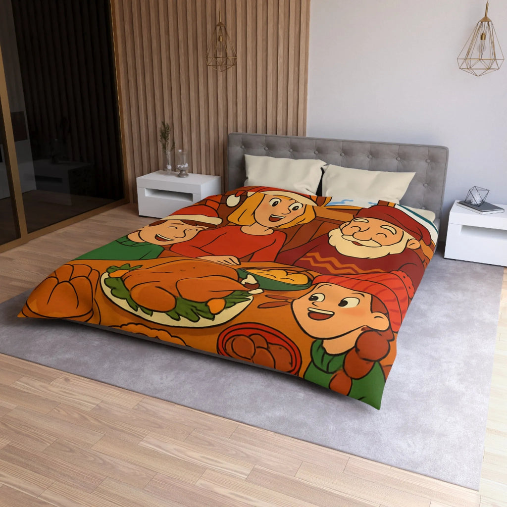 Housse de couette festive Noël famille réunie autour d'un dîner savoureux cheminée