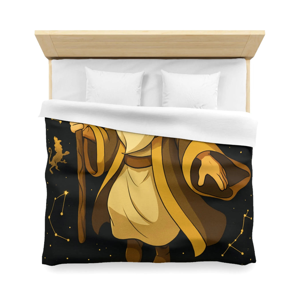 Housse de couette avec magicien illuminé et constellations dorées pour chambres enchantées