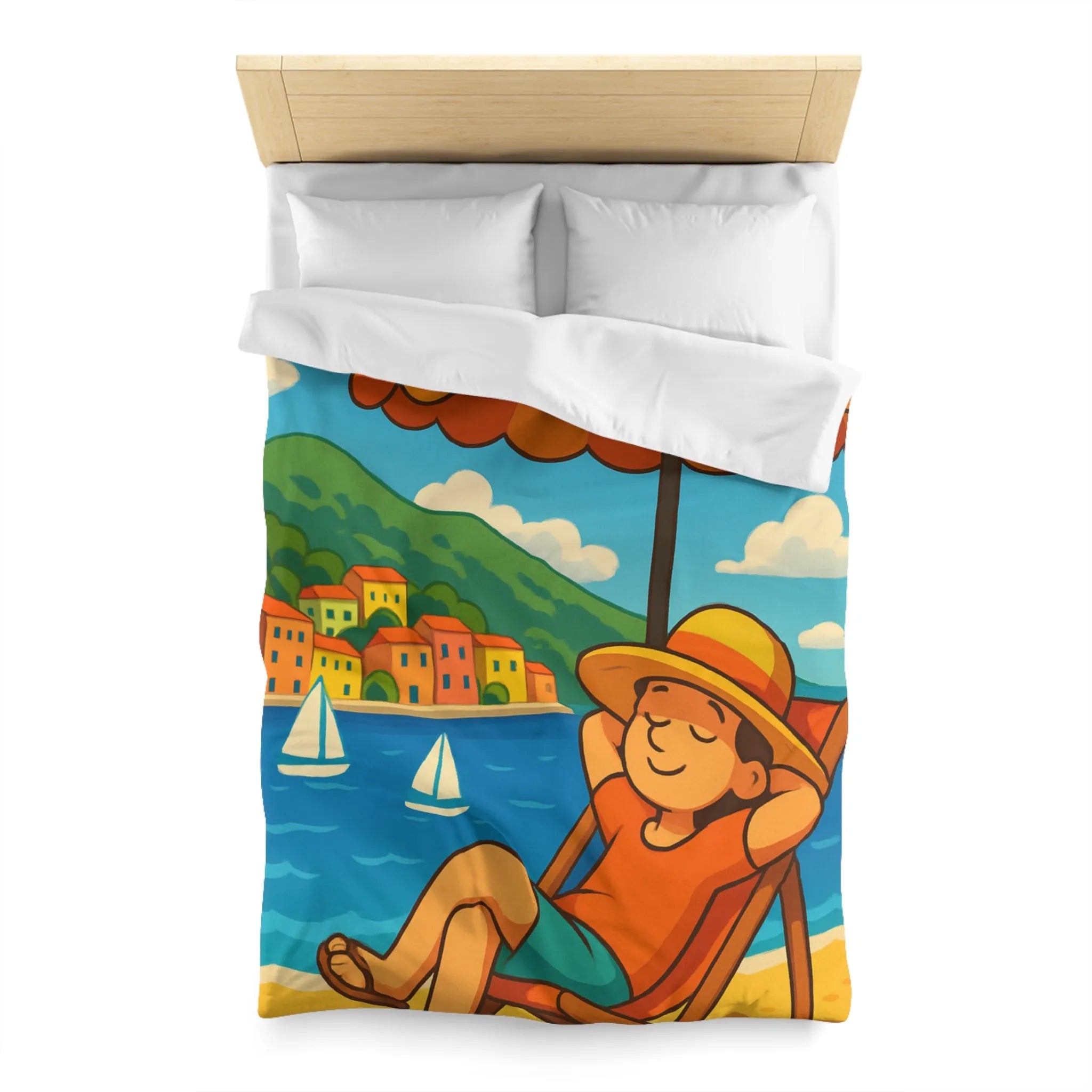 Housse de Couette Colorée Plage avec Parasol, Mer et Voiliers Décontractés Illustration