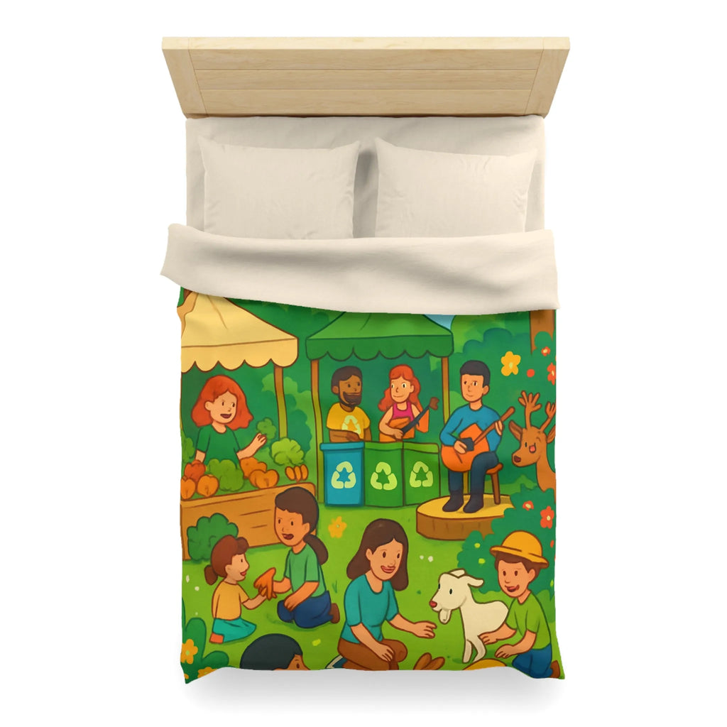 Housse de Couette Enfant Champêtre Animée avec Animaux et Marché en Été