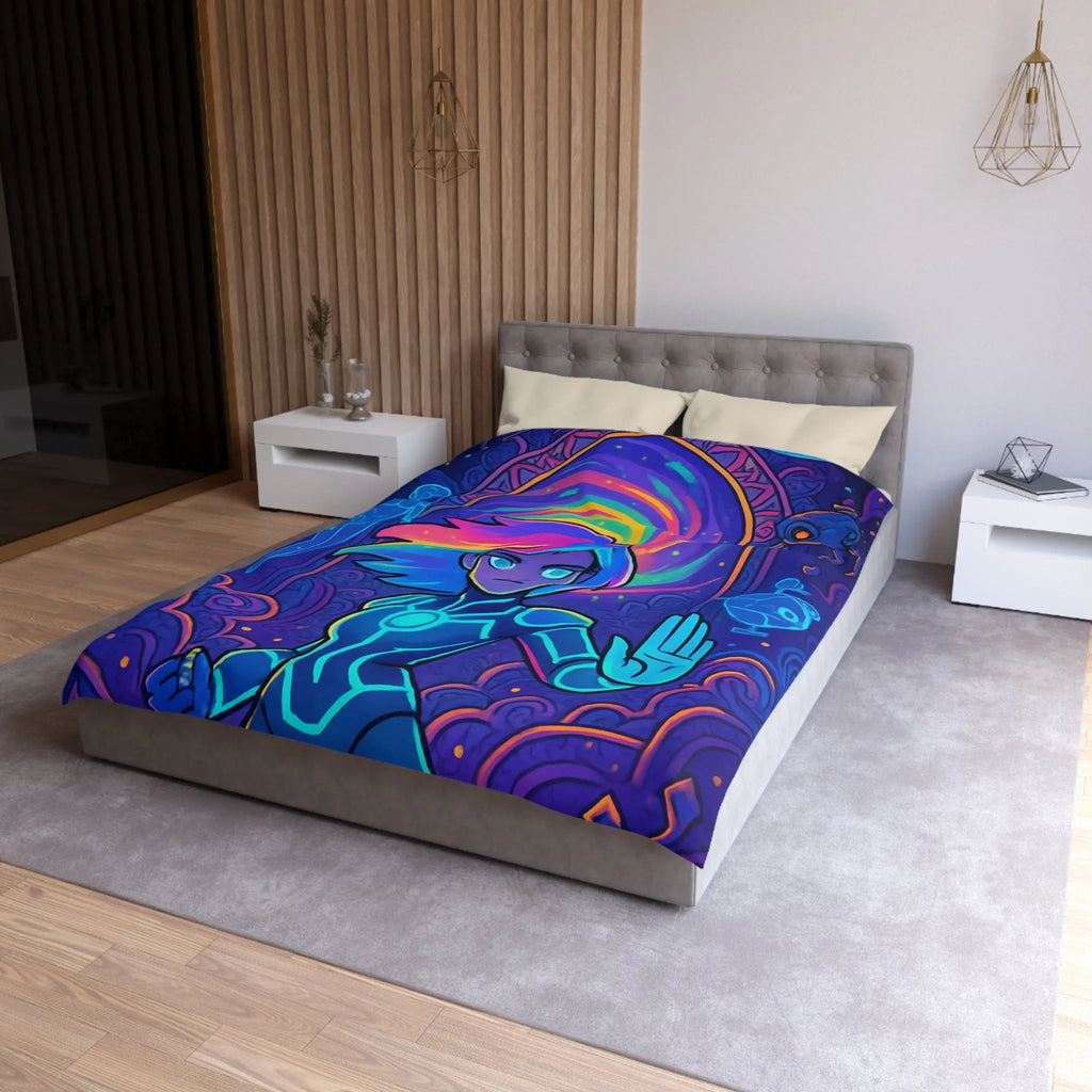 Housse de couette futuriste avec design néon multicolore et personnage dynamique