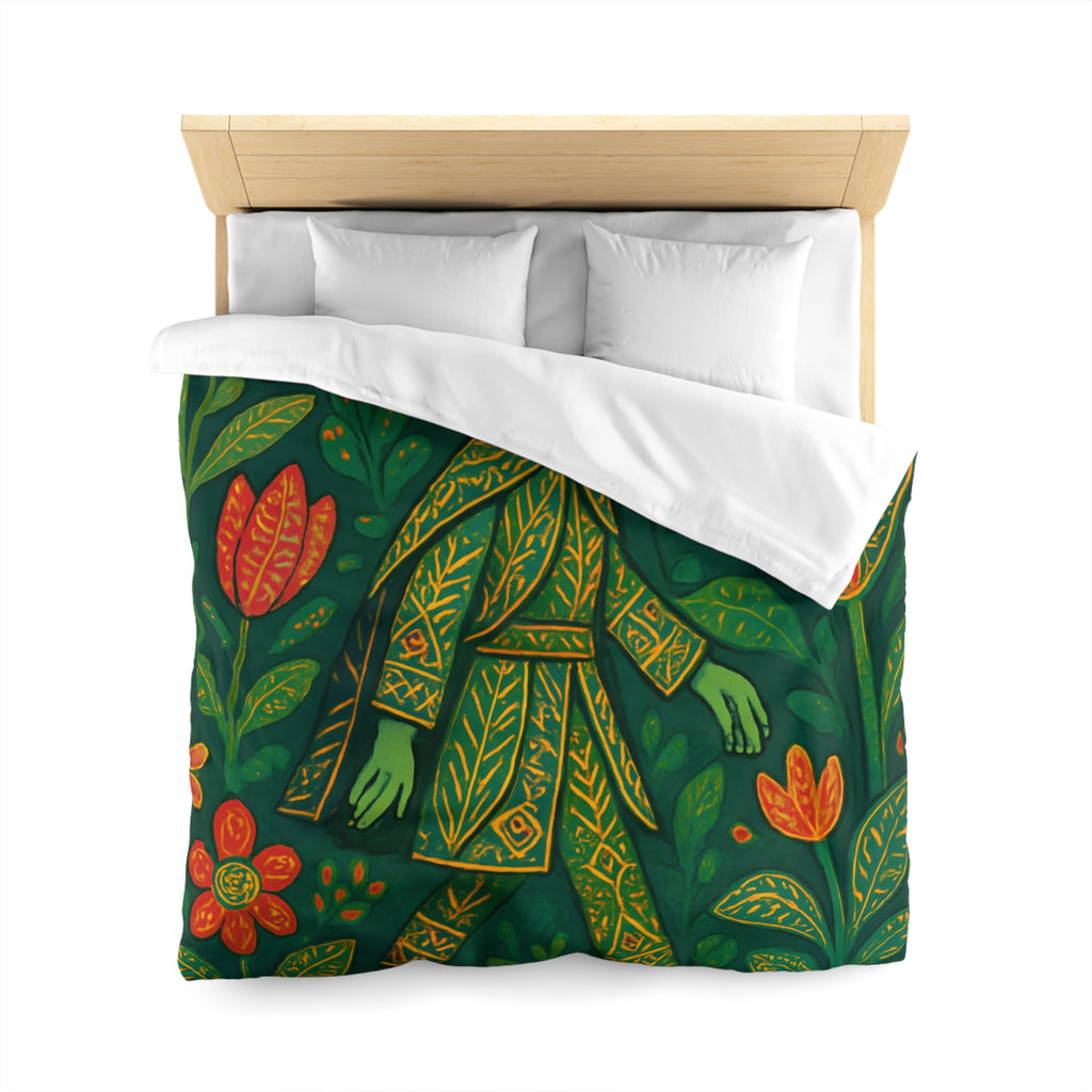 Housse de couette vibrante avec motif botanique et personnage en marche serein