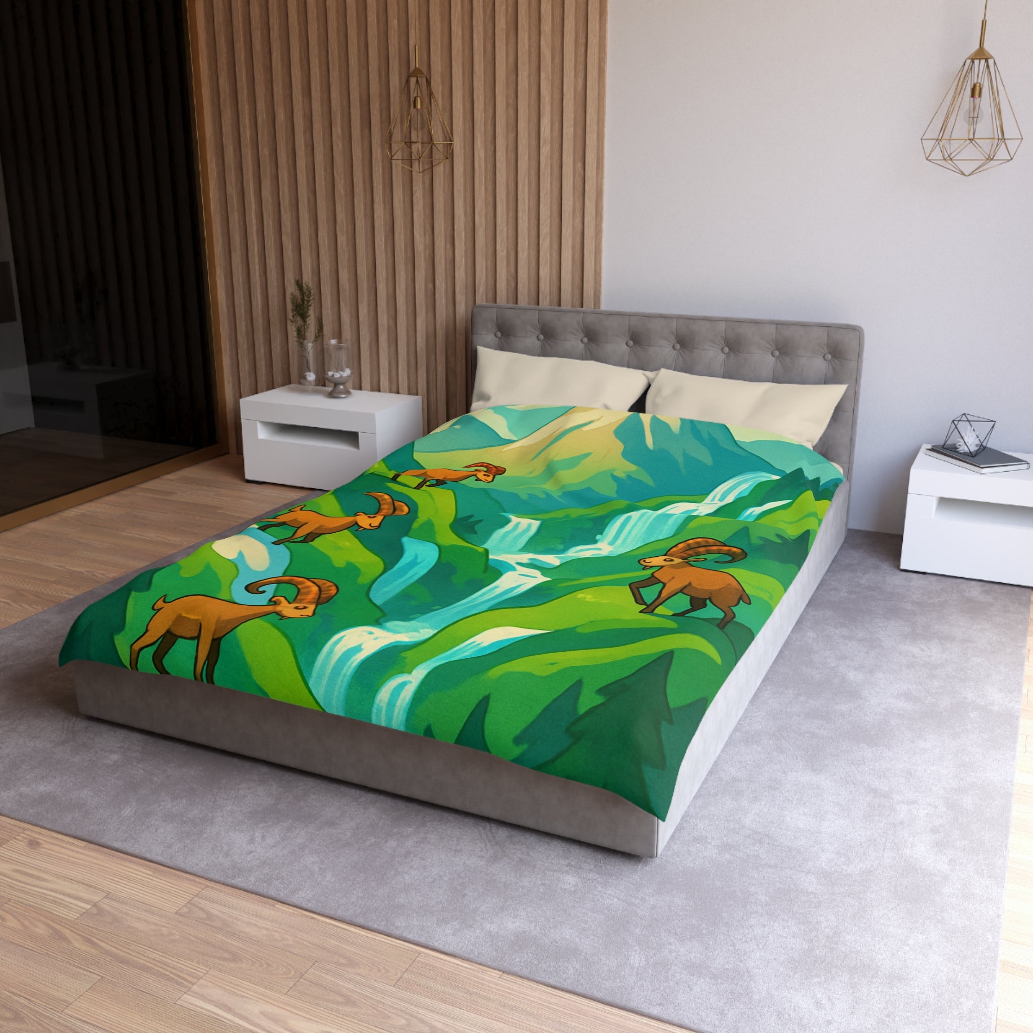 Housse de couette montagneuse avec bouquetins et cascades pour chambre paisible