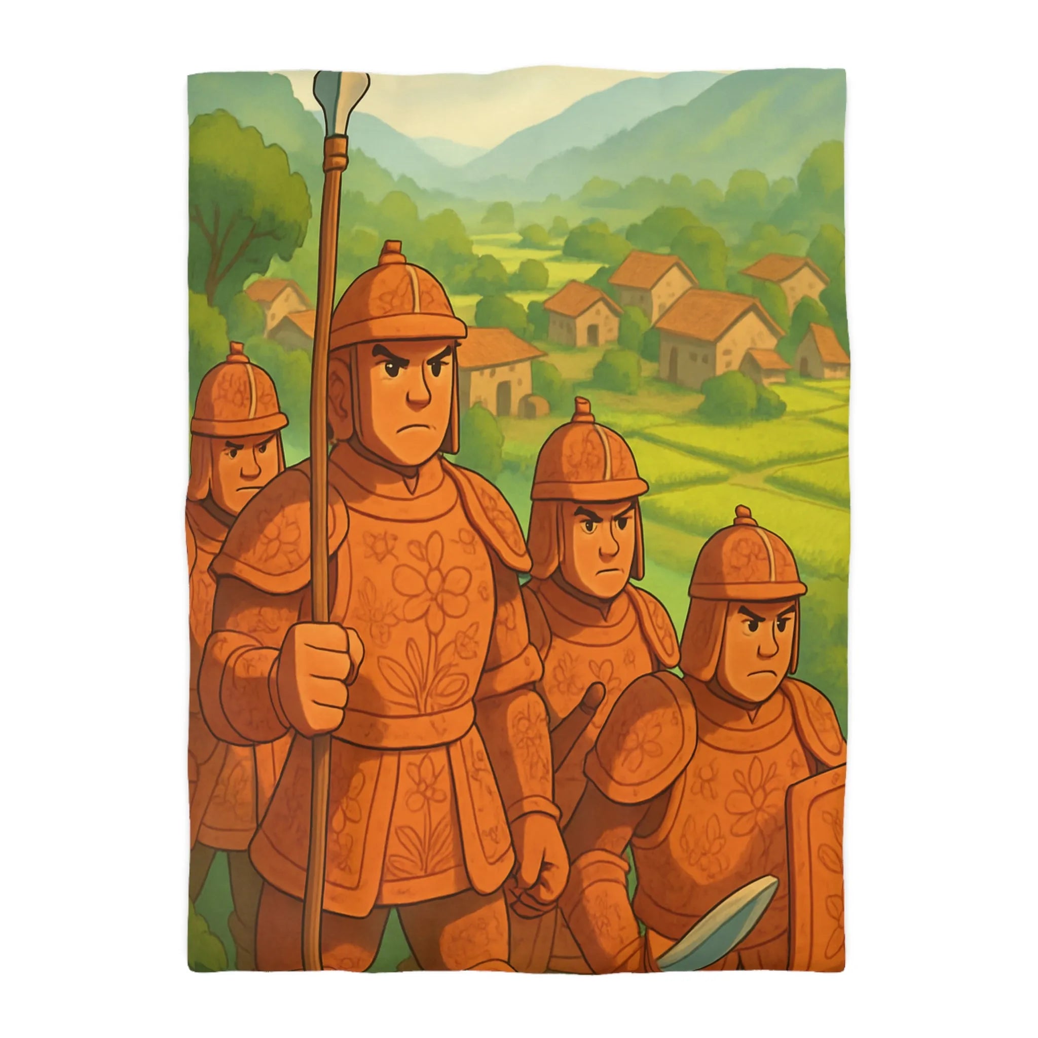 Housse de couette illustrée guerriers médiévaux champêtres dégradé vert orange doux et enfantin