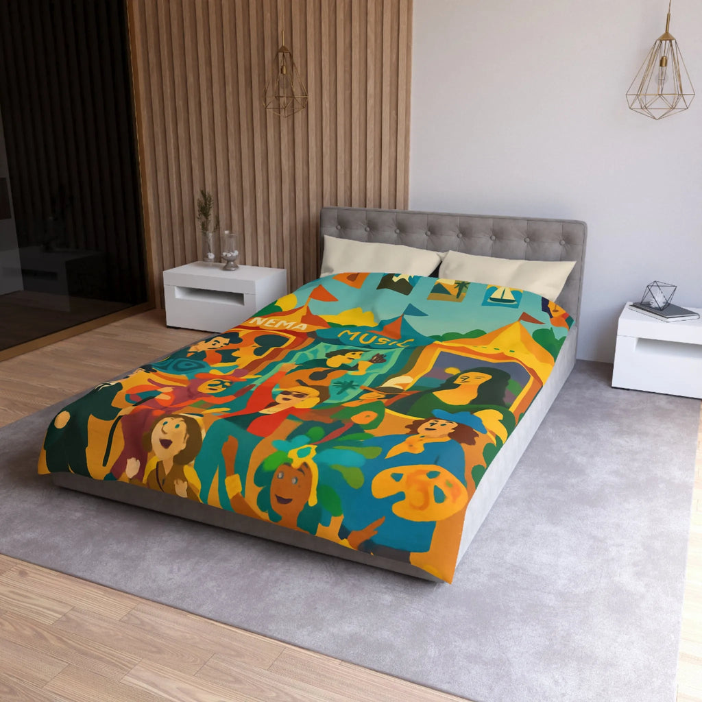 Housse de couette colorée avec motifs cinéma, musique et art, ambiance festive bohème