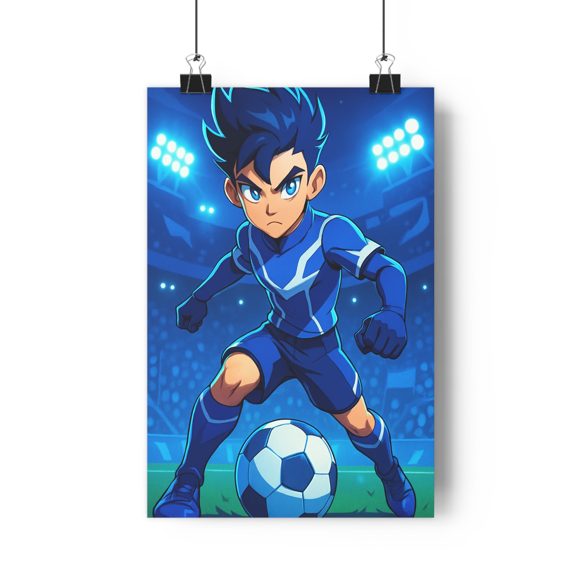 Poster décoratif cartoon bleu énergique football chambre enfant dynamique action sportif ambiance inspirante 30x46