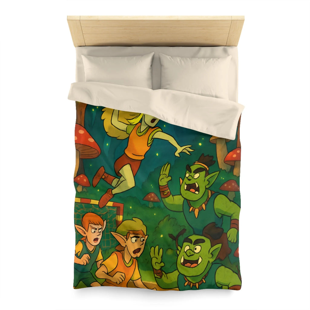Housse de couette d’elfes joueurs de handball dans une forêt magique illuminée