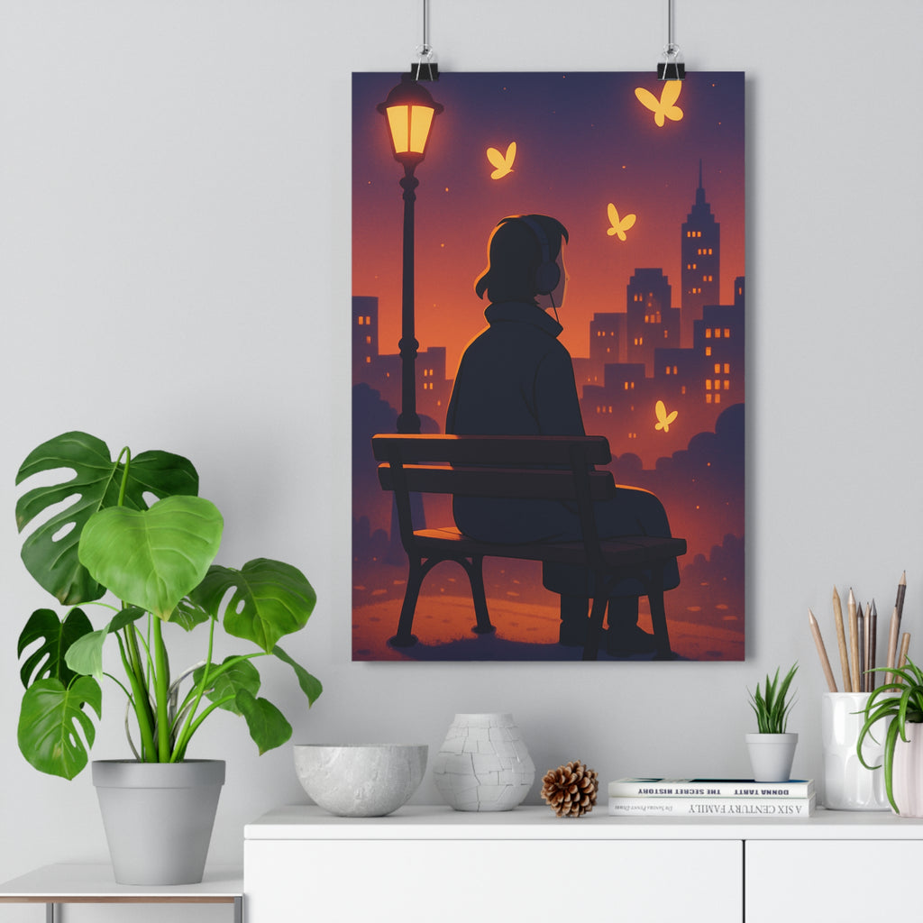 Poster décoratif dessin animé bleu orange ville rêveur chambre salon ambiance lumineuse calme élégant