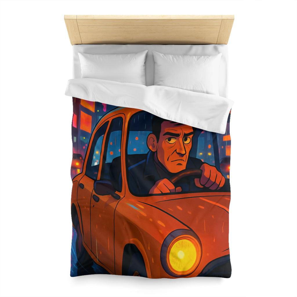 Illustration Nocturne Métropole avec Chauffeur de Taxi sous Pluie pour Housse de Couette