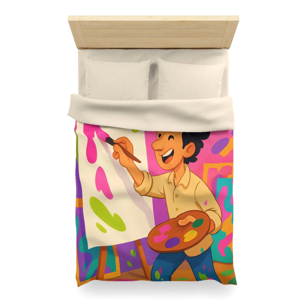 Housse de couette colorée avec artiste joyeux peignant des éclaboussures lumineuses abstraites