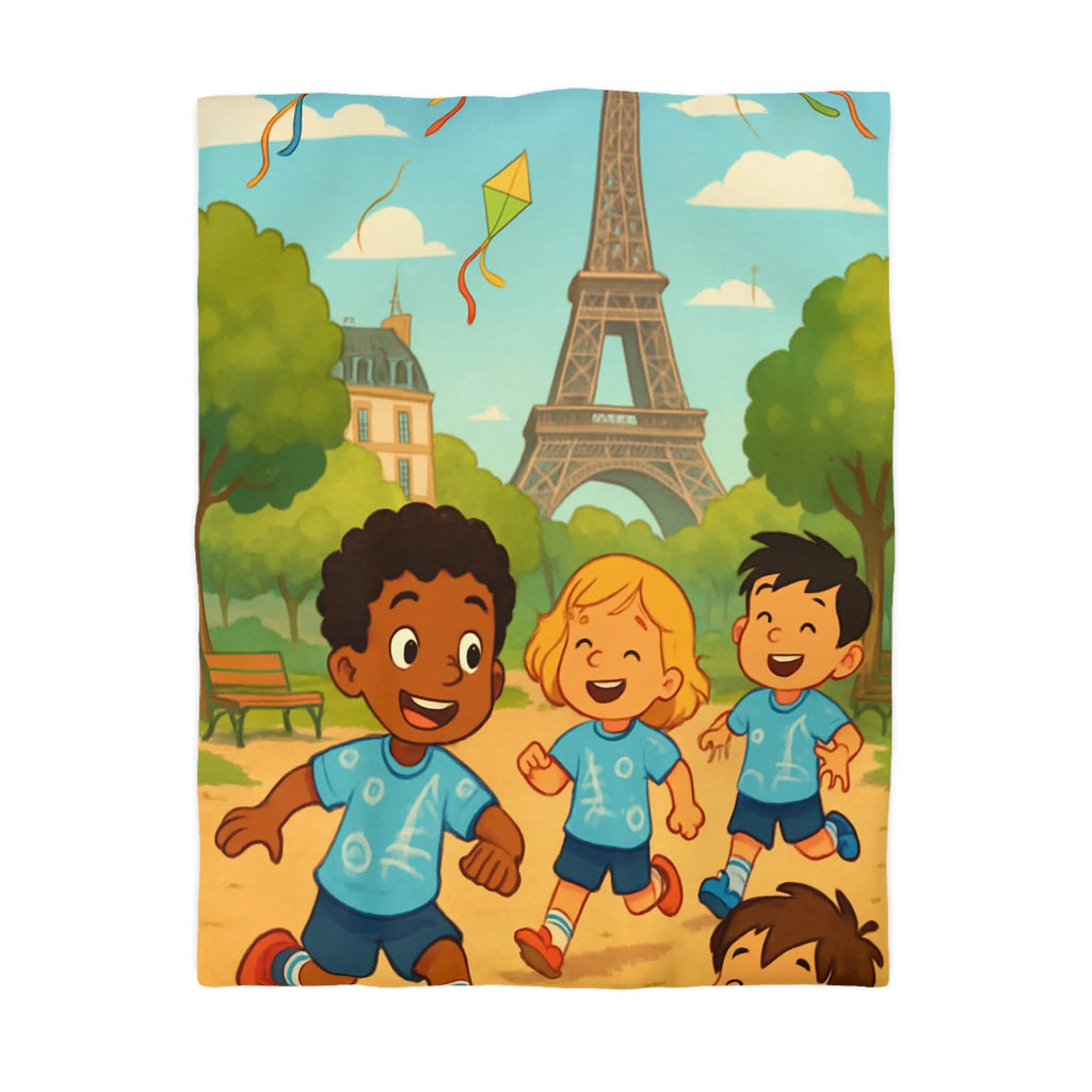 Housse de couette enfant avec tour iconique et cerfs-volants colorés en arrière-plan