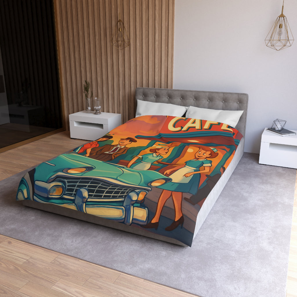 Housse de couette rétro avec illustration de café américain et voiture vintage