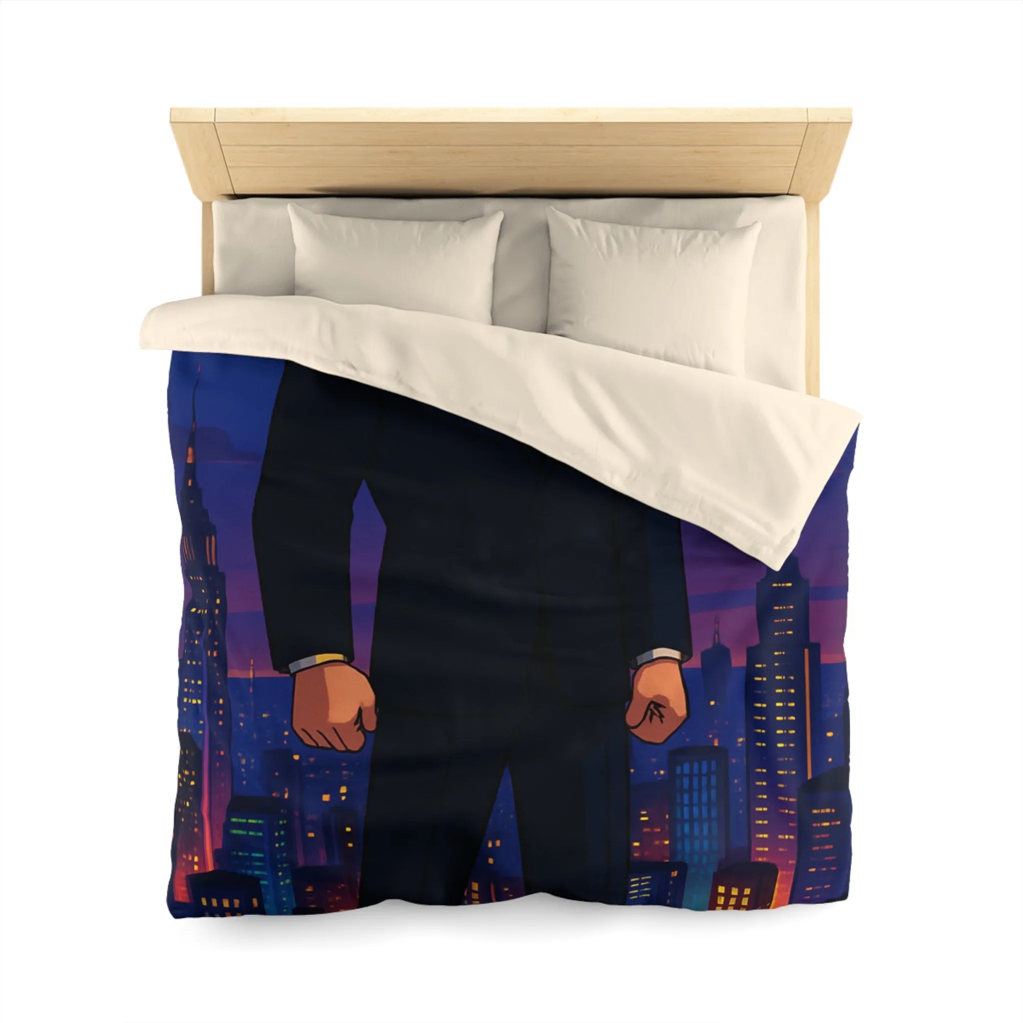 Héros musclé en costume noir observant la ville illuminée au crépuscule animé