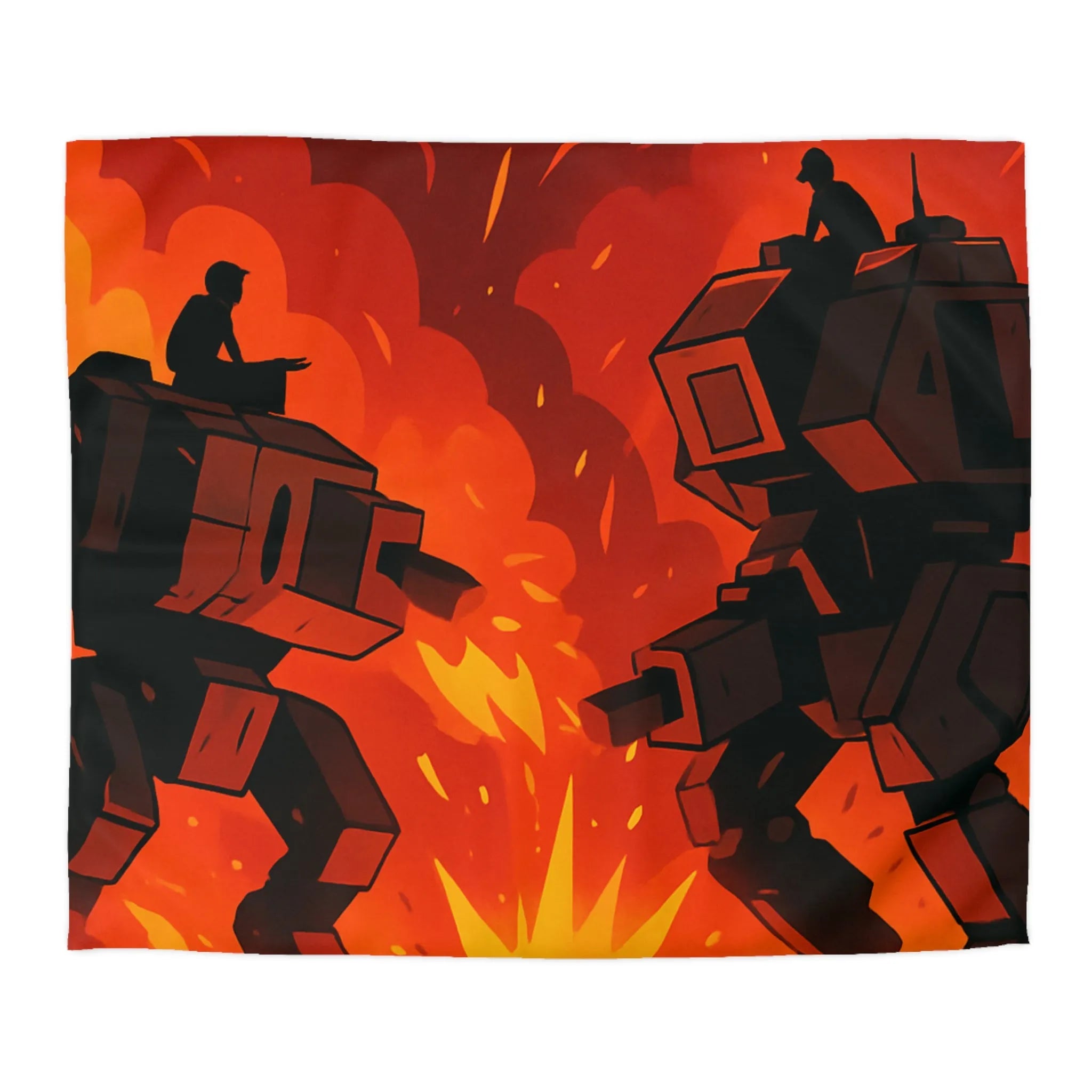 Housse de couette avec robots géants dans un duel épique sous ciel enflammé