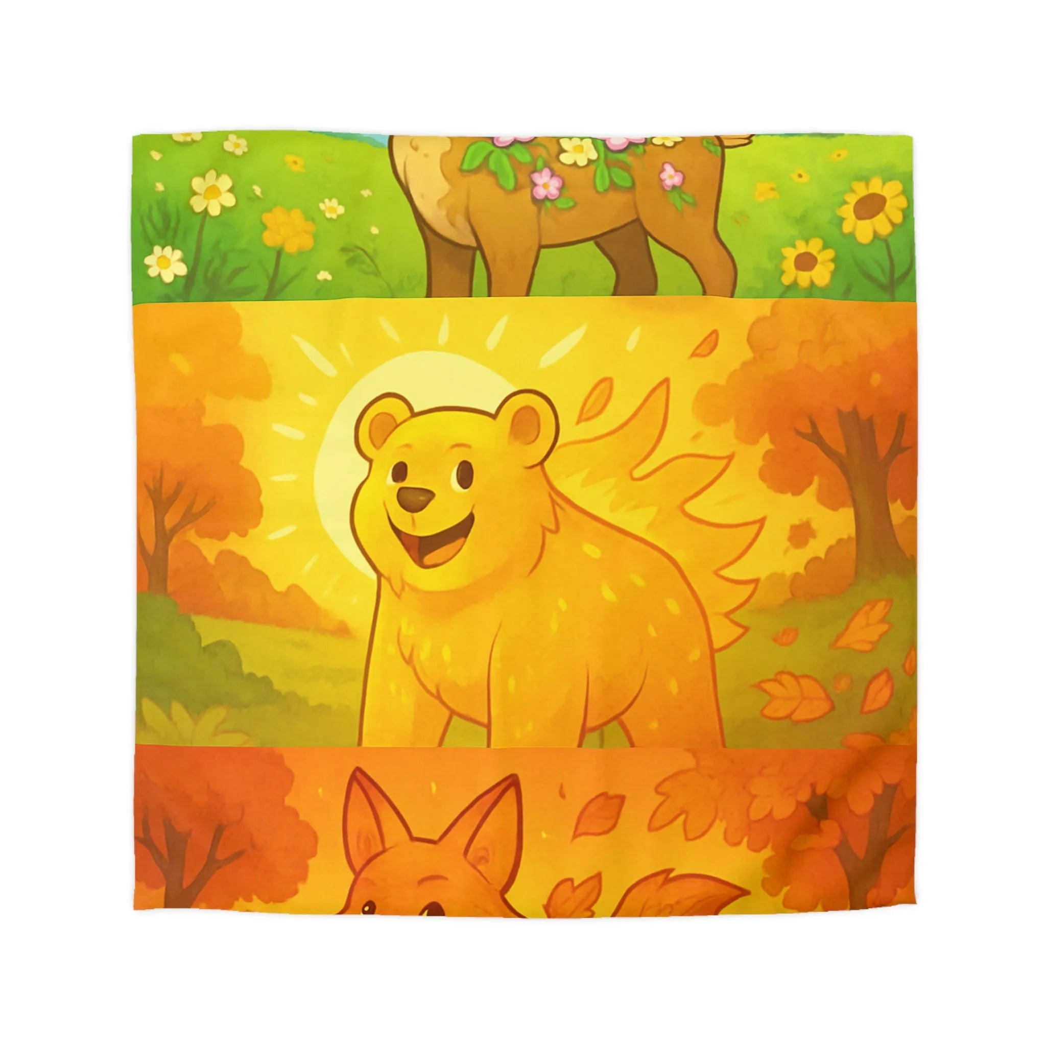 Housse de couette enchantée avec cerf, ours et renard en couleurs vives saisonnières