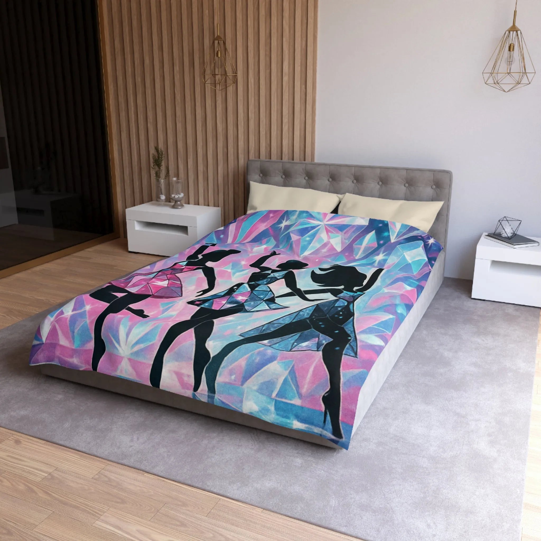 Élégantes silhouettes de danseuses avec motifs géométriques sur fond cristallin scintillant