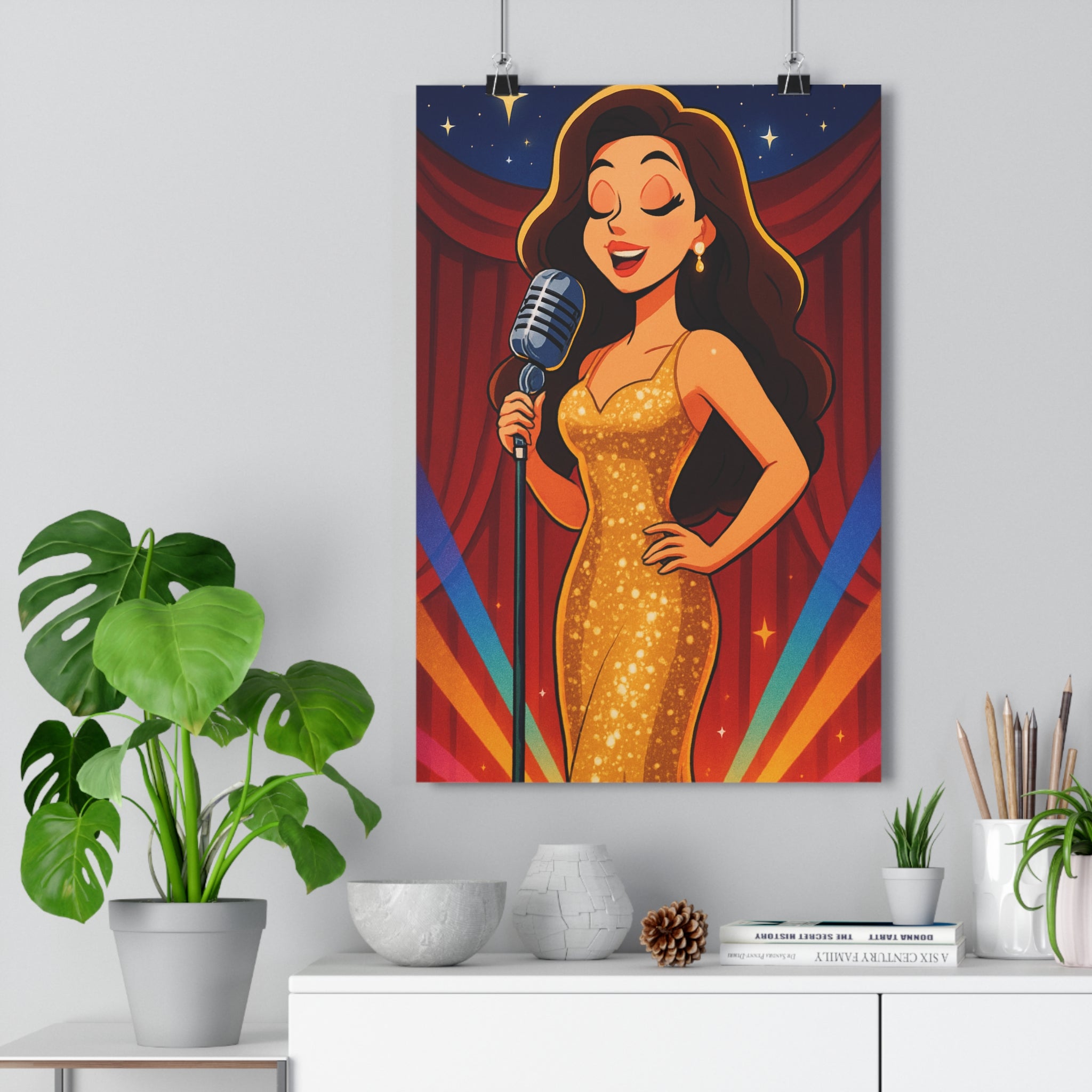 Poster décoratif chanteuse rétro glamour doré rouge vibrant salon musique vintage 30x46 élégant ambiance