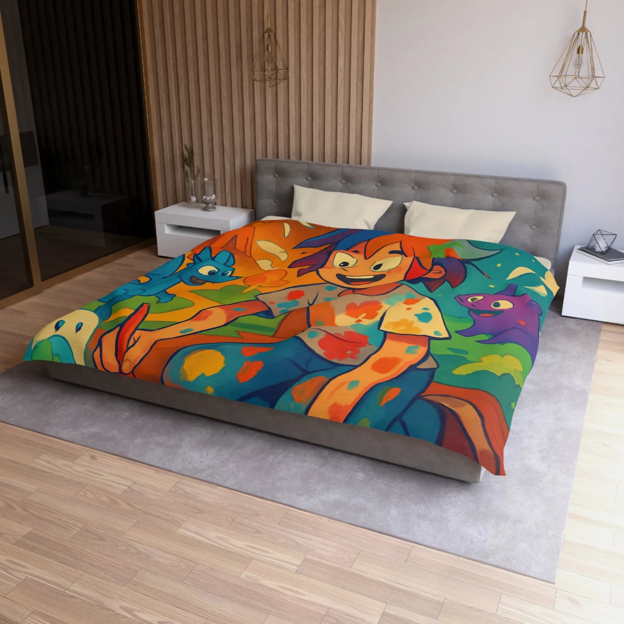 Housse de couette colorée illustrée avec enfant créatif et créatures fantastiques joyeuses