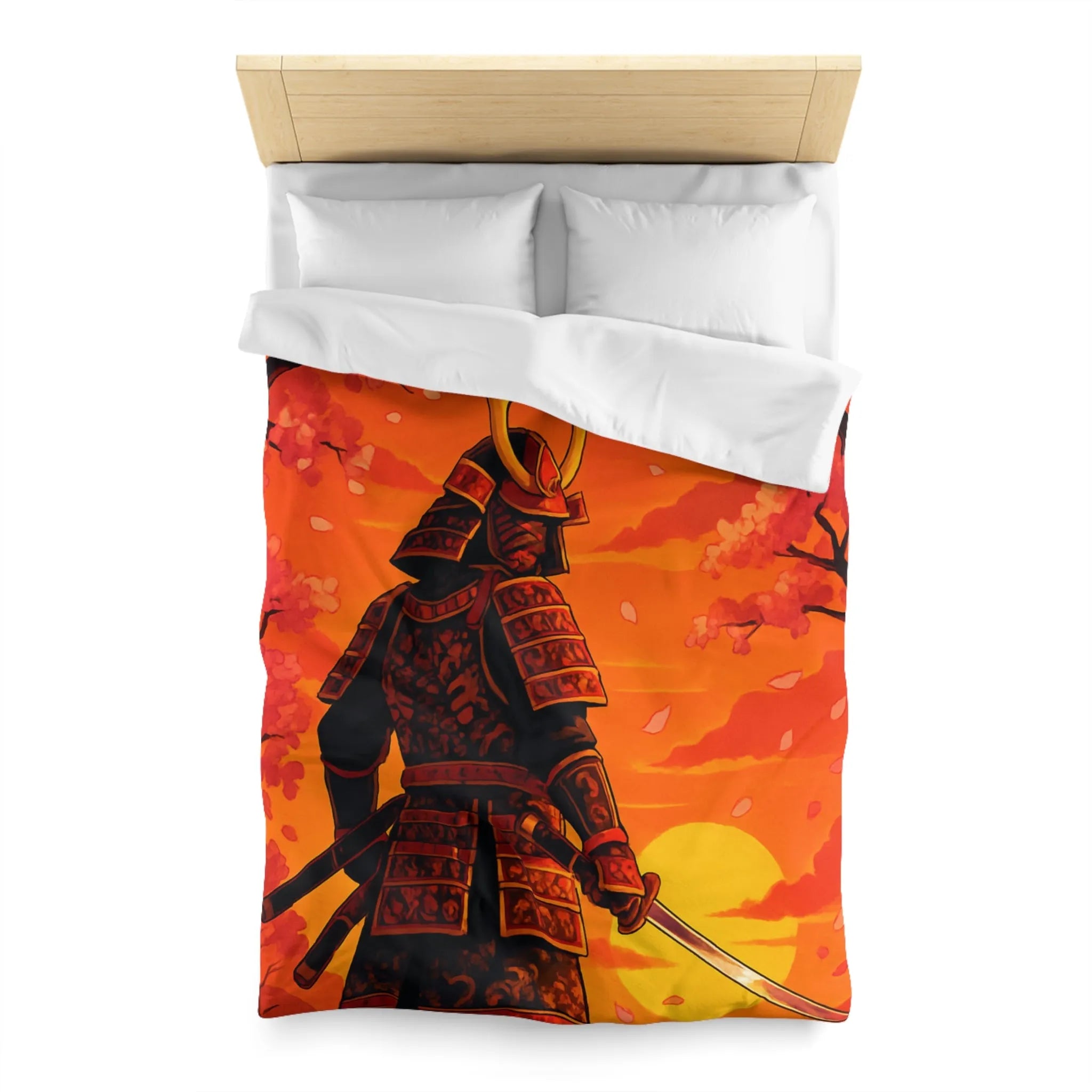 Housse de couette avec motif samouraï au coucher du soleil, arbres et fleurs roses