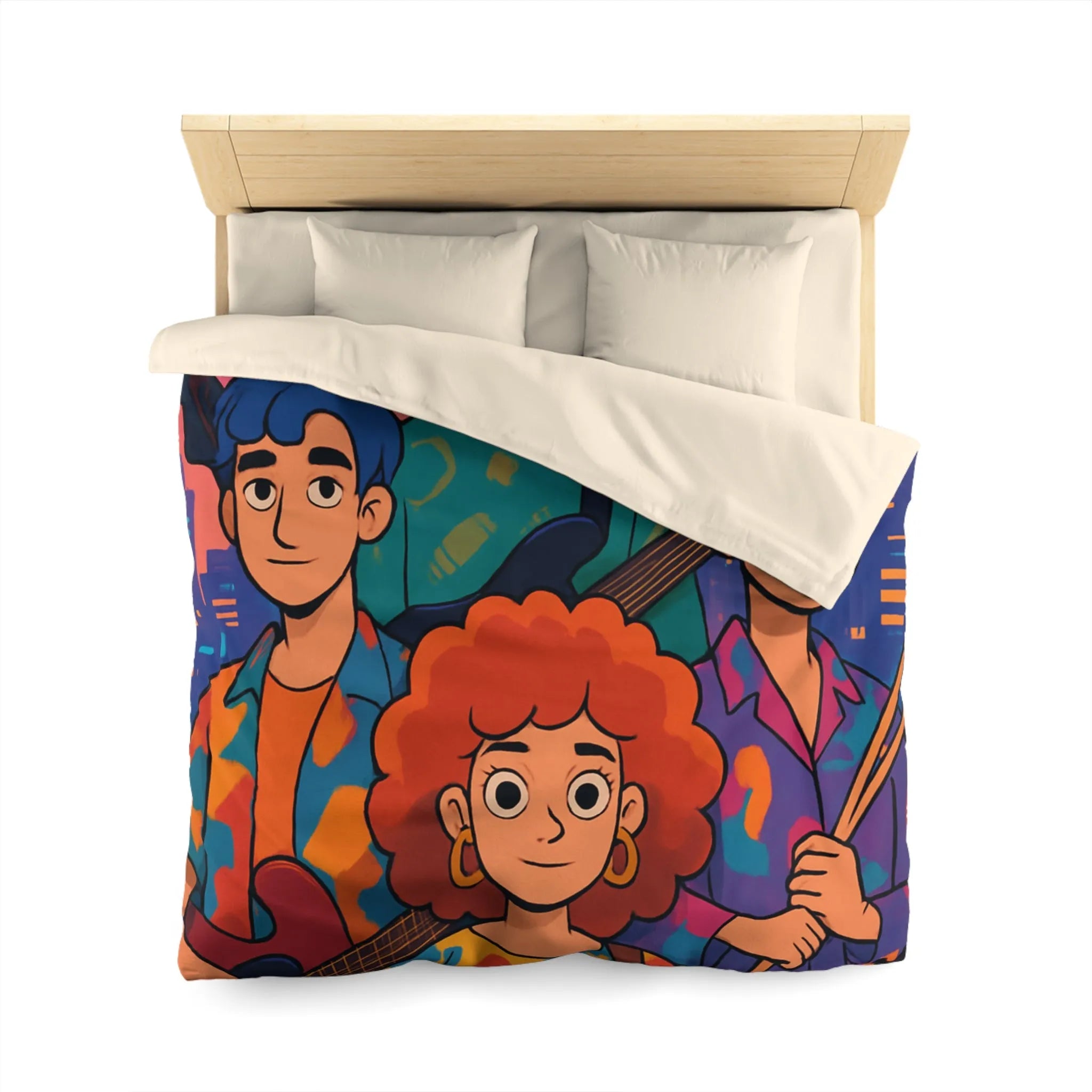 Housse de couette colorée avec groupe de musiciens devant un paysage urbain nocturne