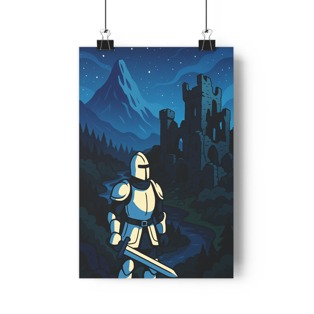 Poster décoratif chevalier monochrome cartoon aventure mystique noir blanc château nocturne épique 30x46 cm