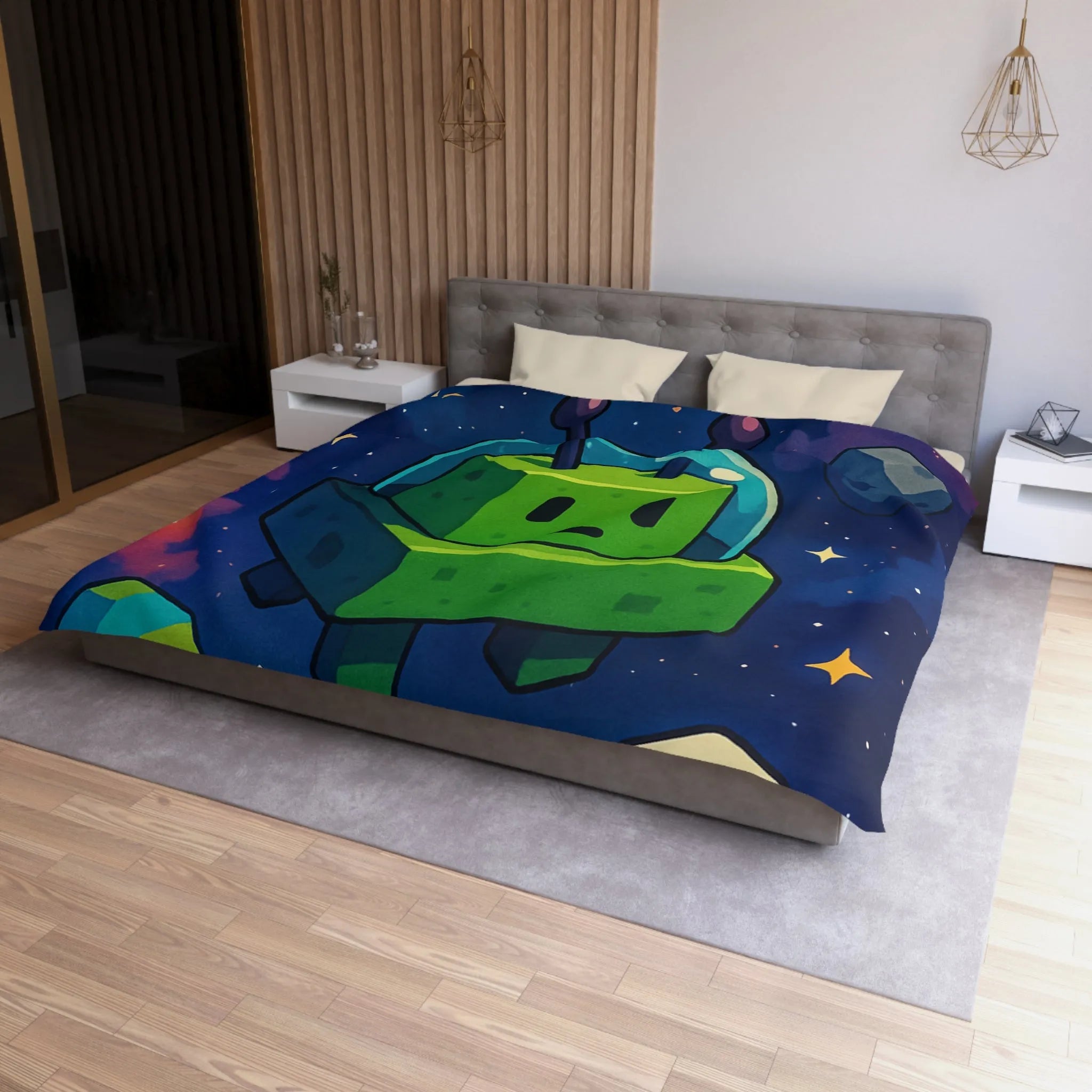 Housse de Couette Cosmos mignon extraterrestre vert cubique et planètes pixelisées