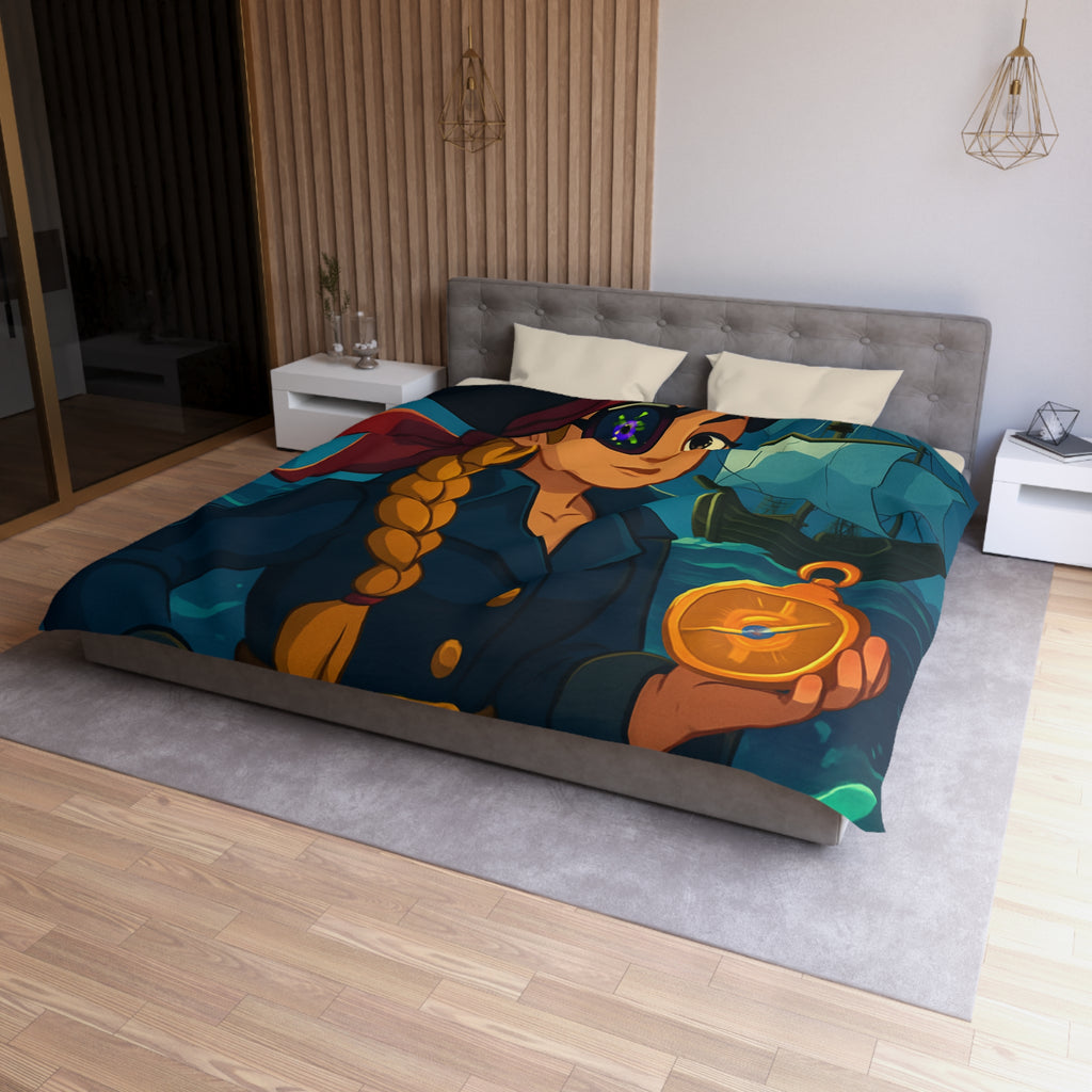 Housse de couette pirate colorée avec femme audacieuse, boussole et bateau illuminé