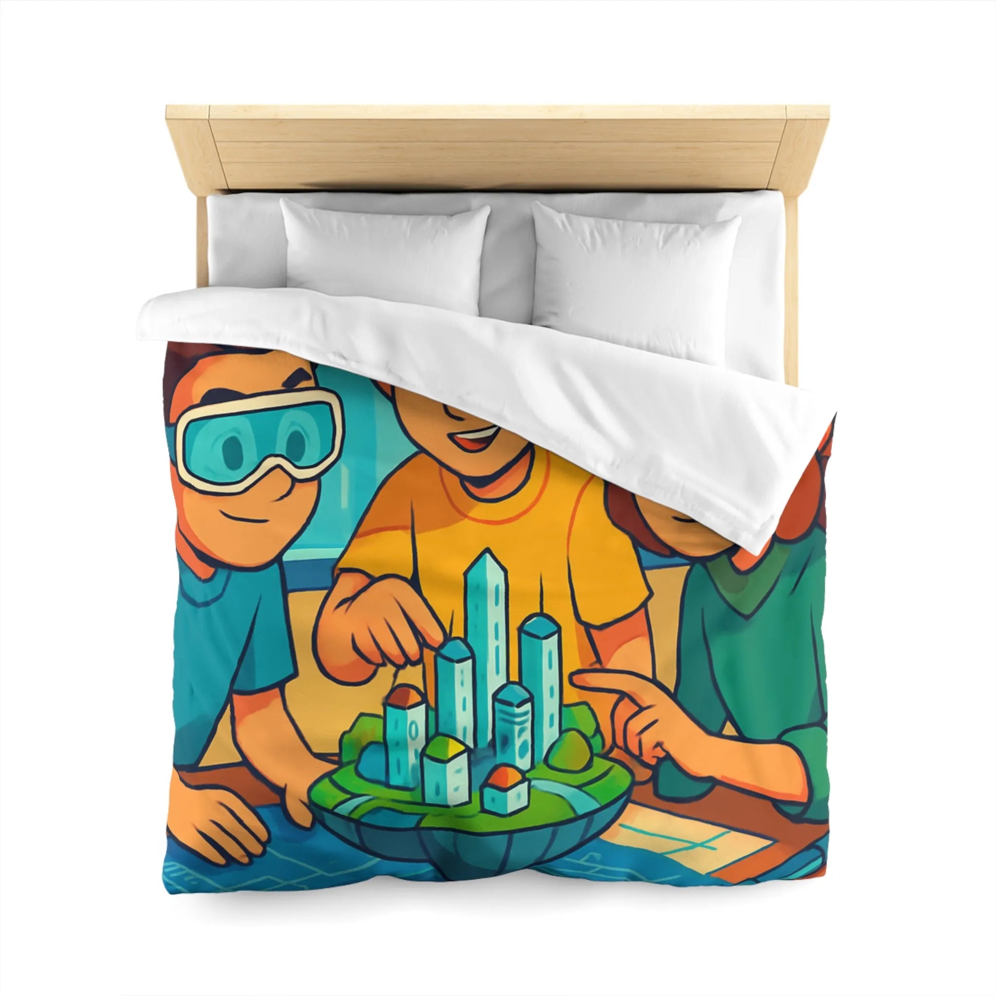 Housse de couette avec design futuriste ludique, enfants explorant une ville miniature colorée