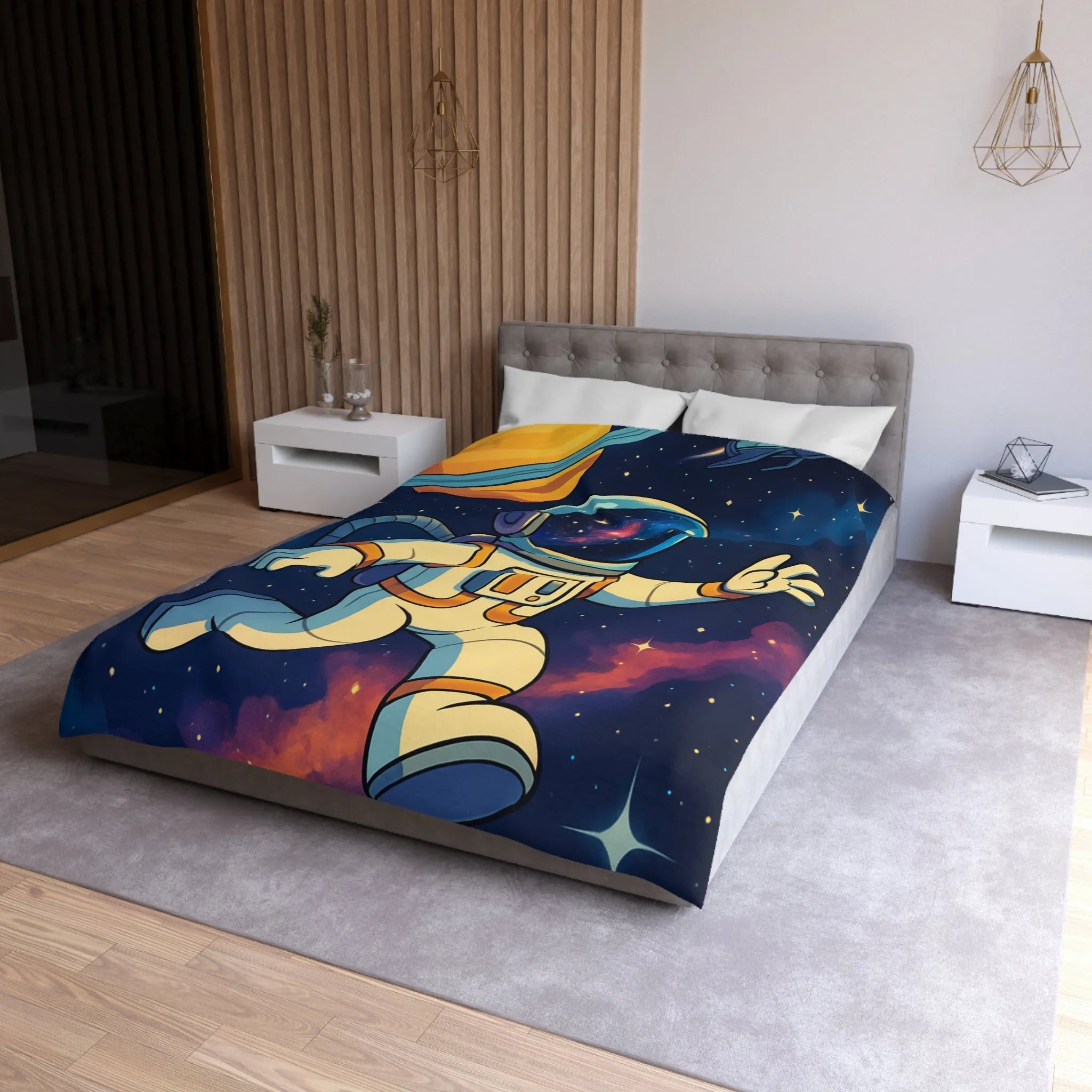 Housse de couette avec astronaute, planète et fusée dans l'espace étoilé coloré