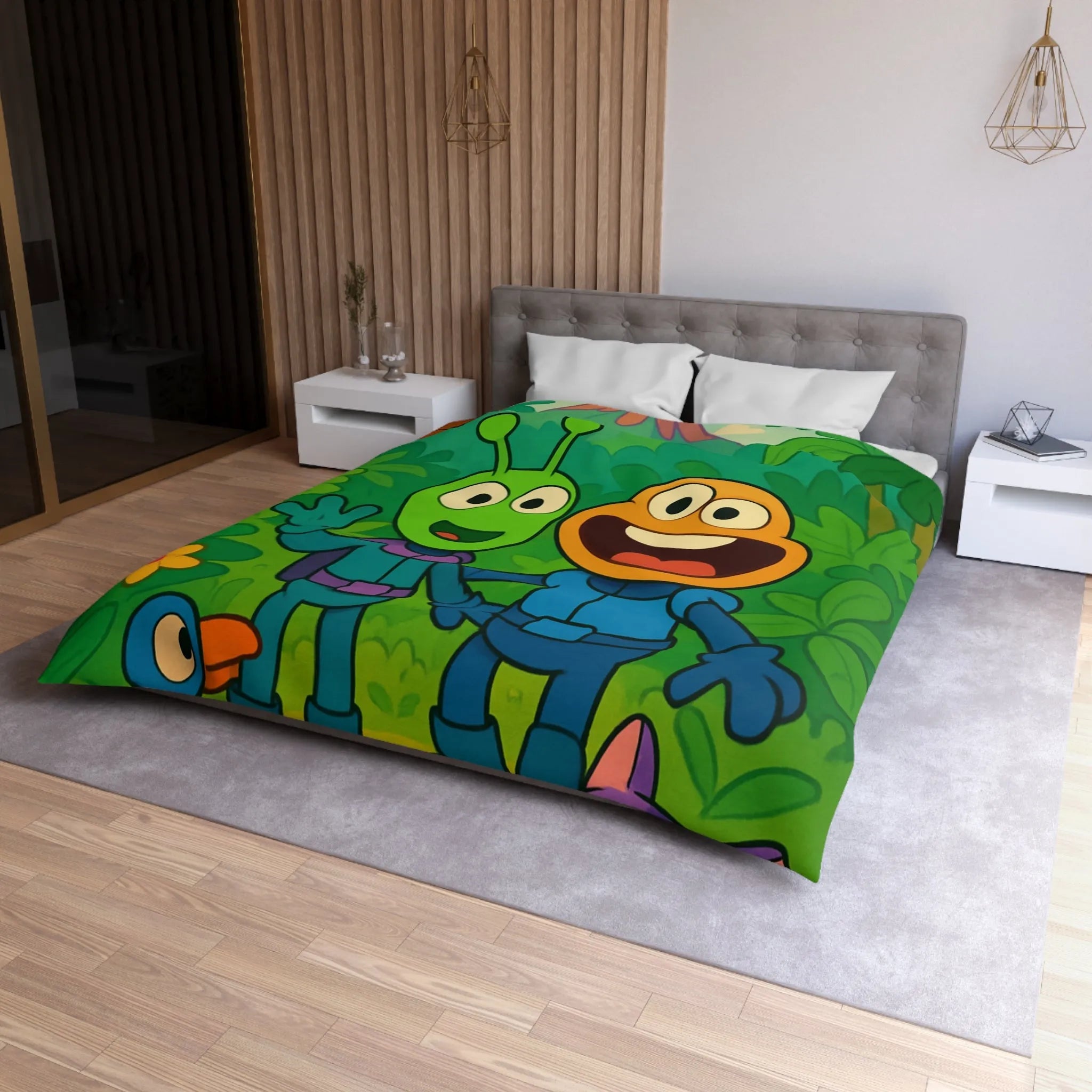 Housse de couette colorée avec animaux et extraterrestres dans une jungle animée