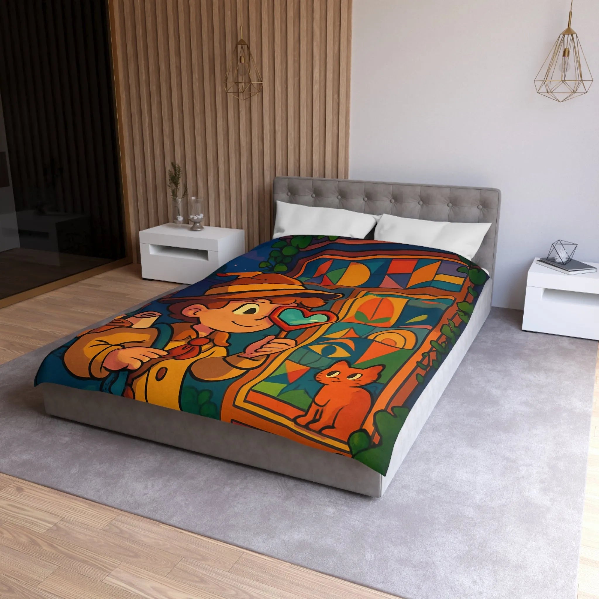 Housse de couette enfant magique avec chat mignon et motifs géométriques colorés