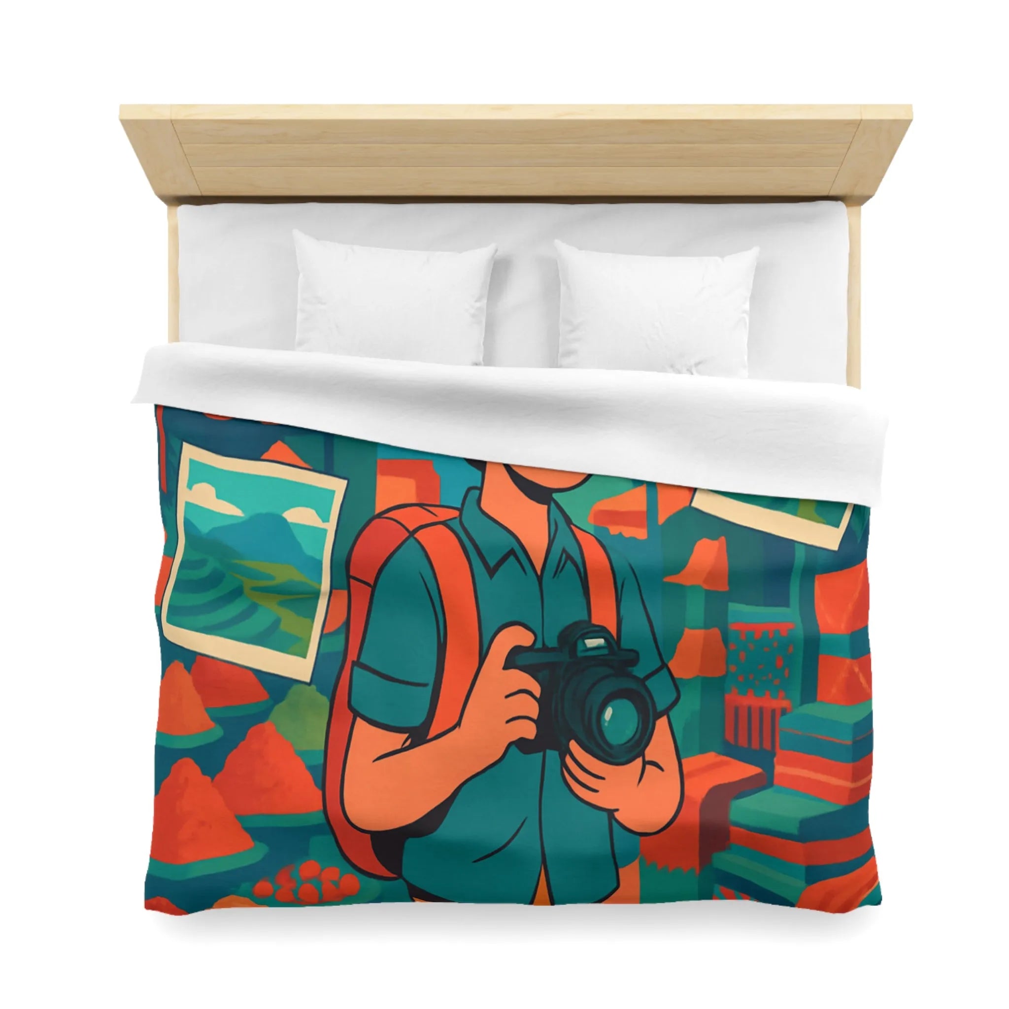 Housse de Couette Colorée avec Voyageur Photographiant un Marché Animé et Vibrant