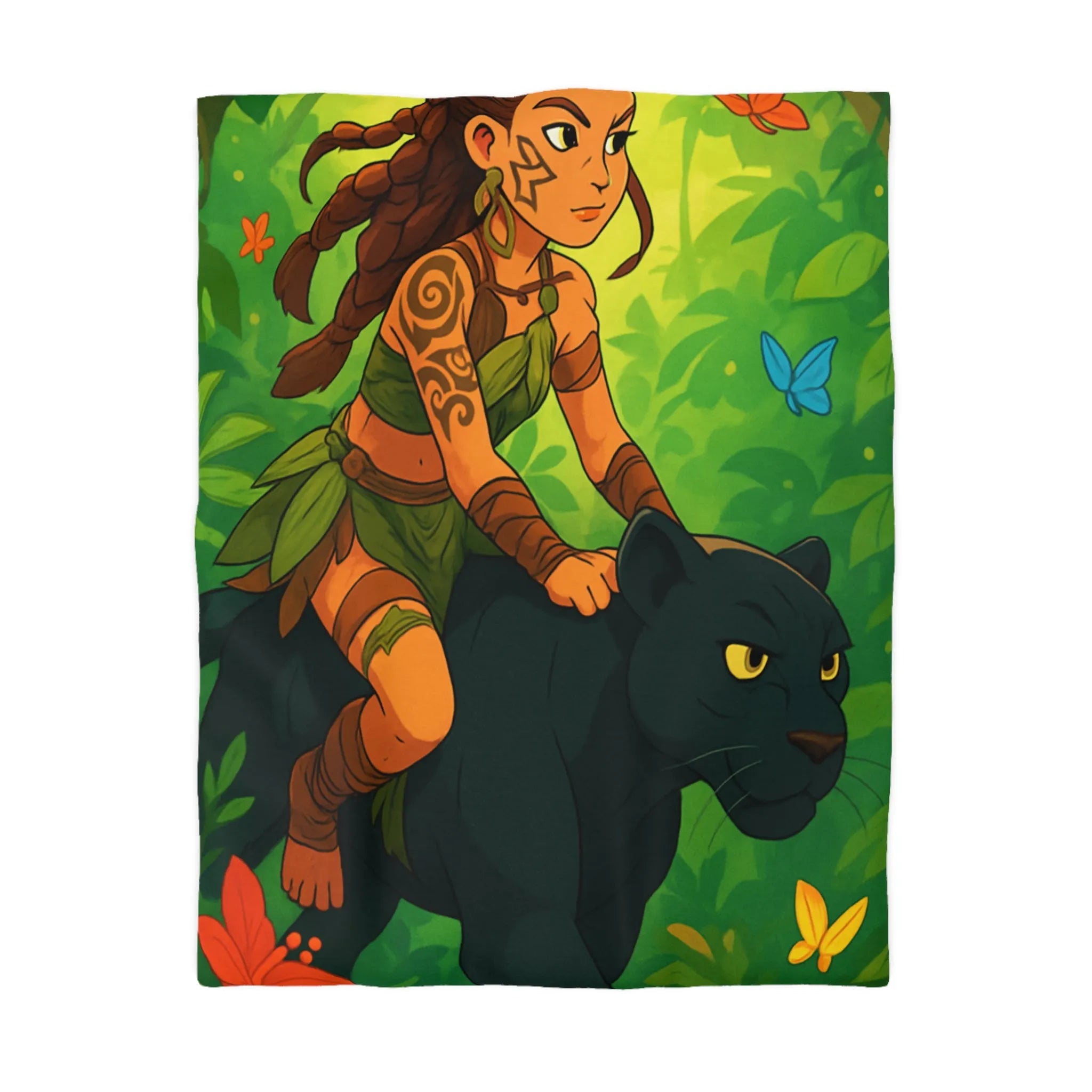 Housse de couette jungle avec fille guerrière et panthère noire pour chambre colorée